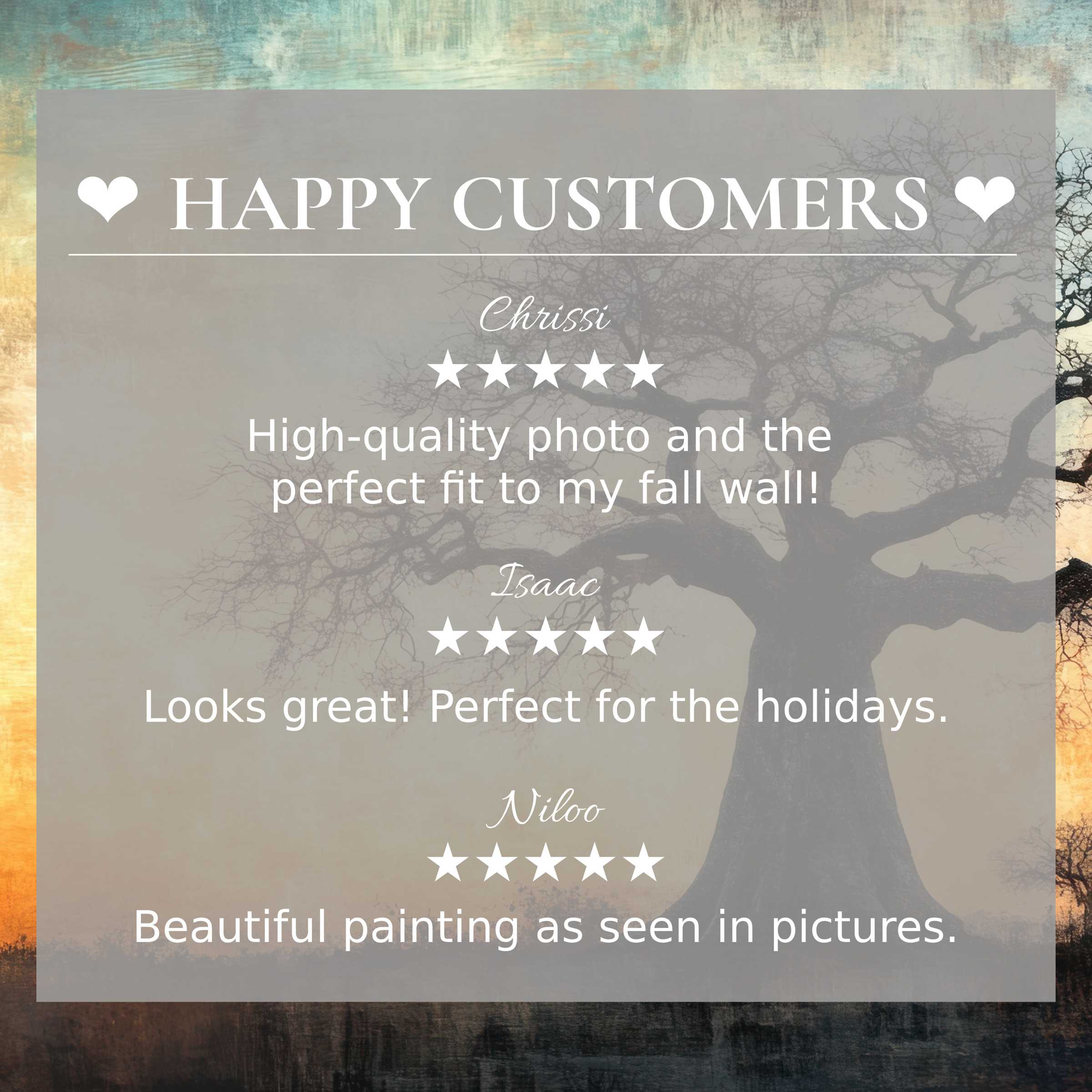 Trees art for Frame TV on abstract sunset background with happy customer reviews, enhancing trust and elegant style