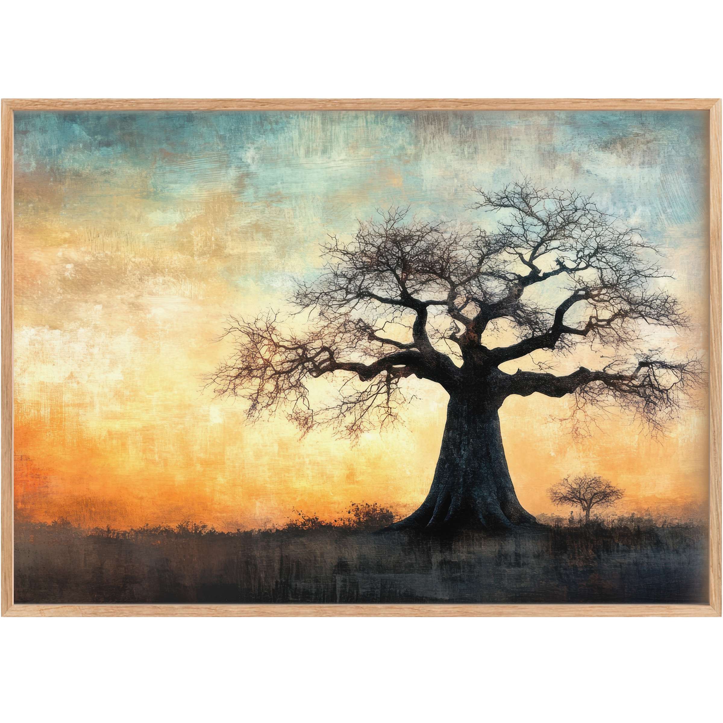 Majestic tree printable wall art in warm amber and soft teal hues, evoking serene twilight calm and timeless natural elegance