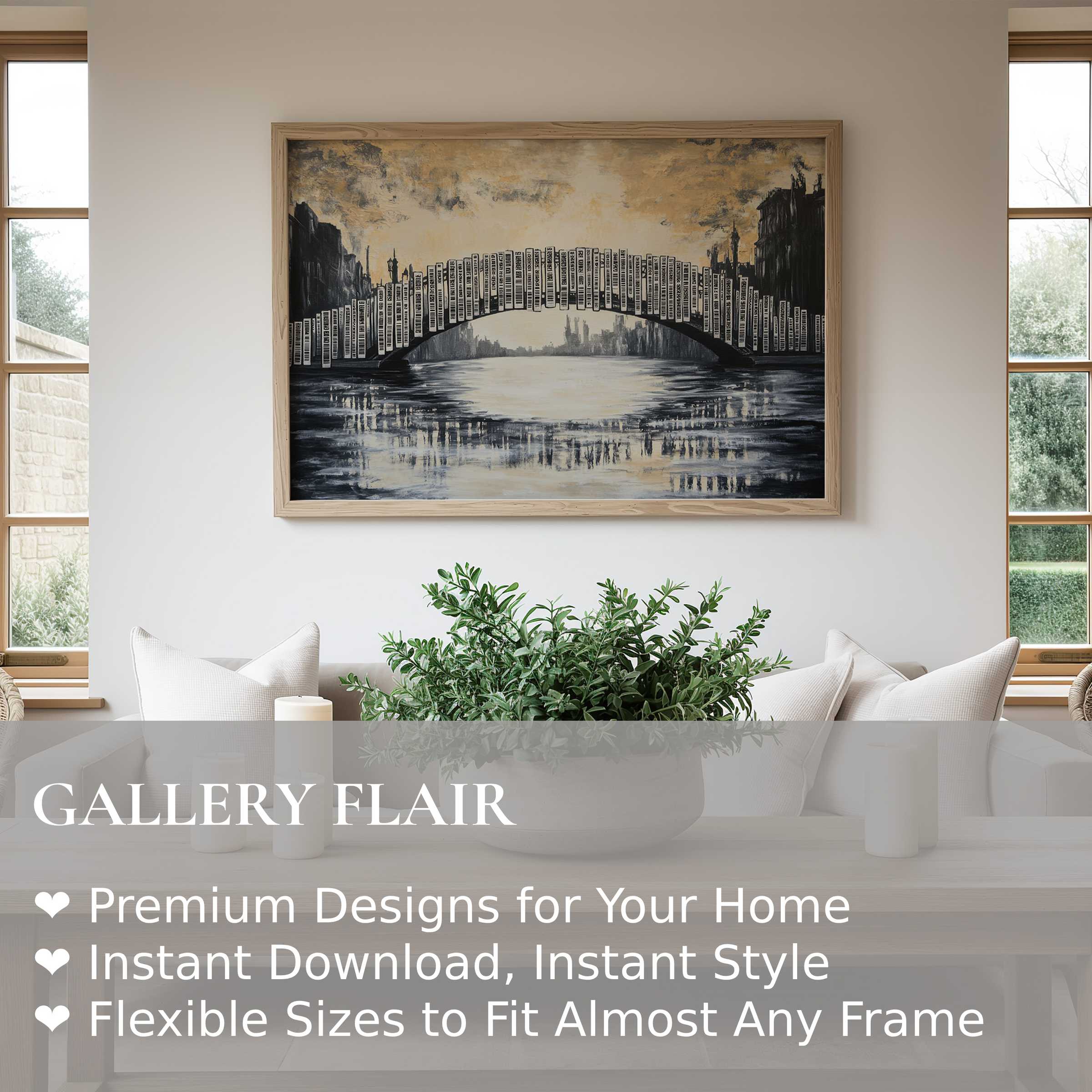 Bold street art wall art print featuring a textured urban bridge in muted tones, adding modern elegance and depth to a minimalist living room