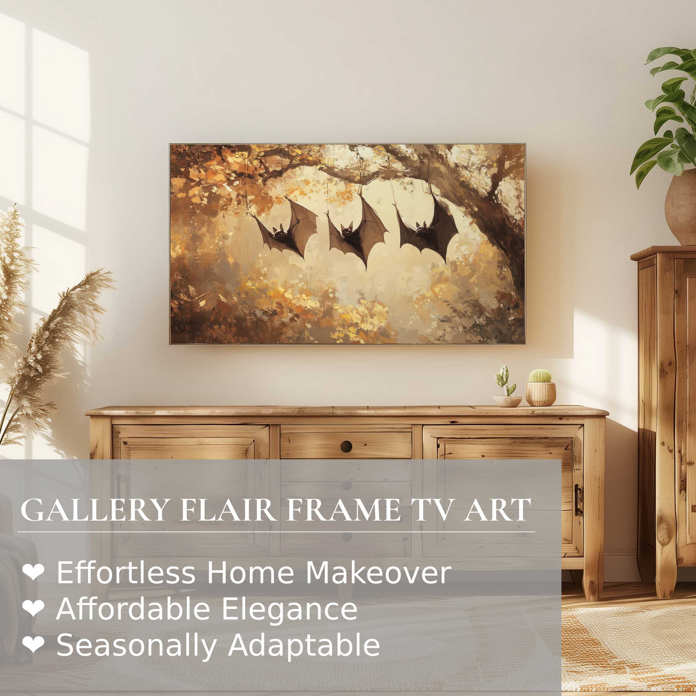 Samsung Frame TV displaying elegant halloween digital artwork with autumnal bats in a warm, modern living room