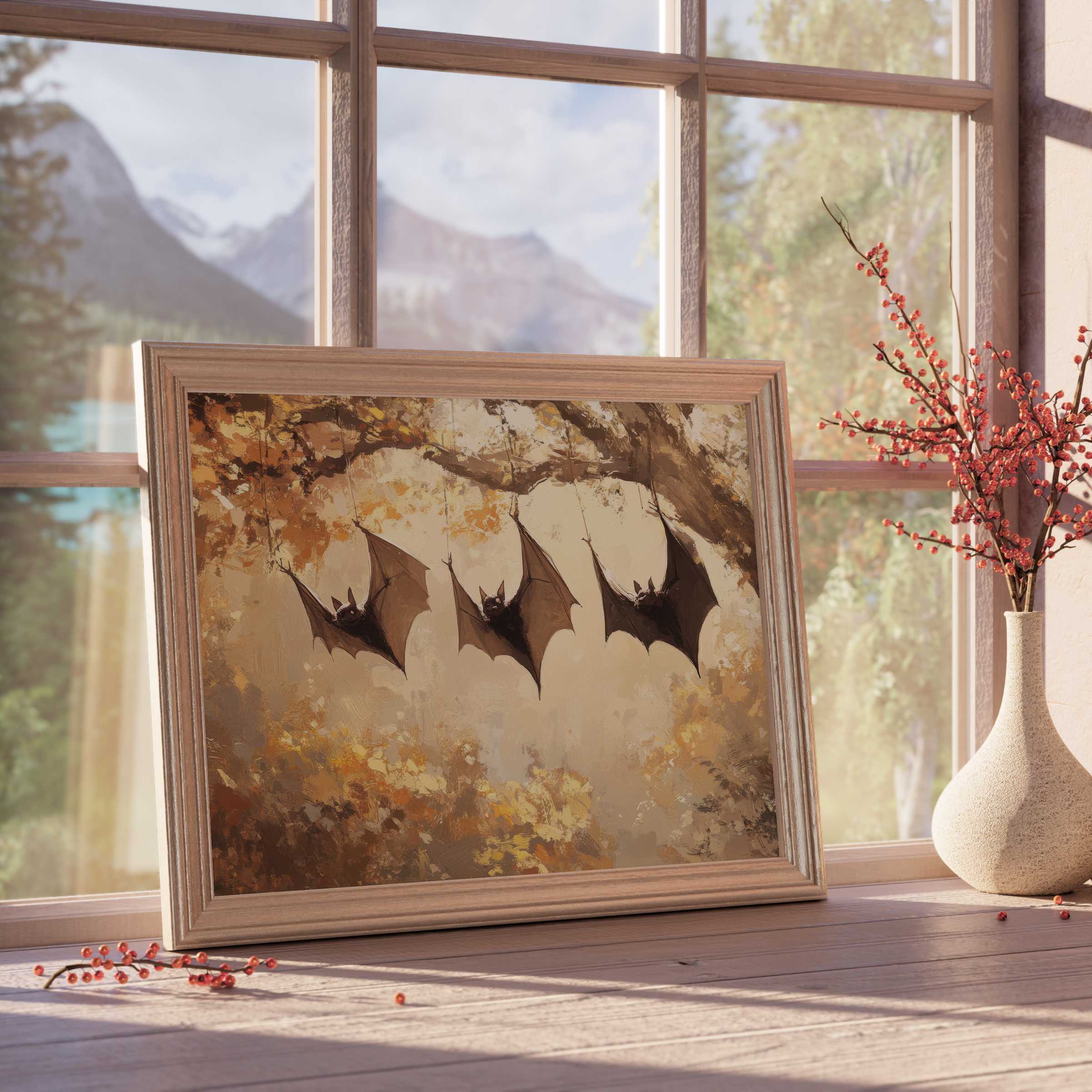 Elegant halloween downloadable art featuring three bats suspended in autumnal branches, enriching serene, design-forward interiors with moody charm and warm seasonal hues