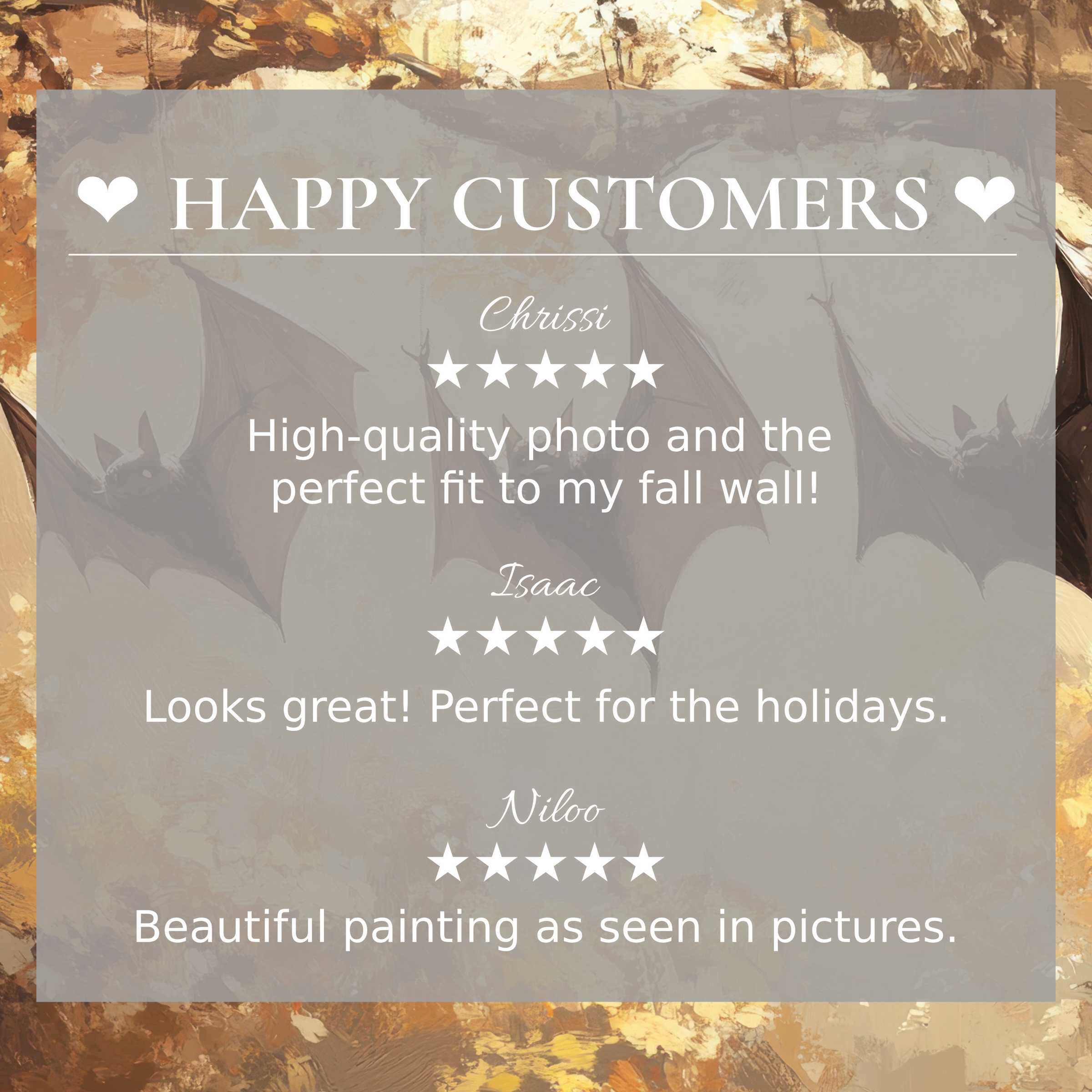 Elegant halloween art for Frame TV with abstract sunset hues, showcasing happy customer reviews that inspire trust