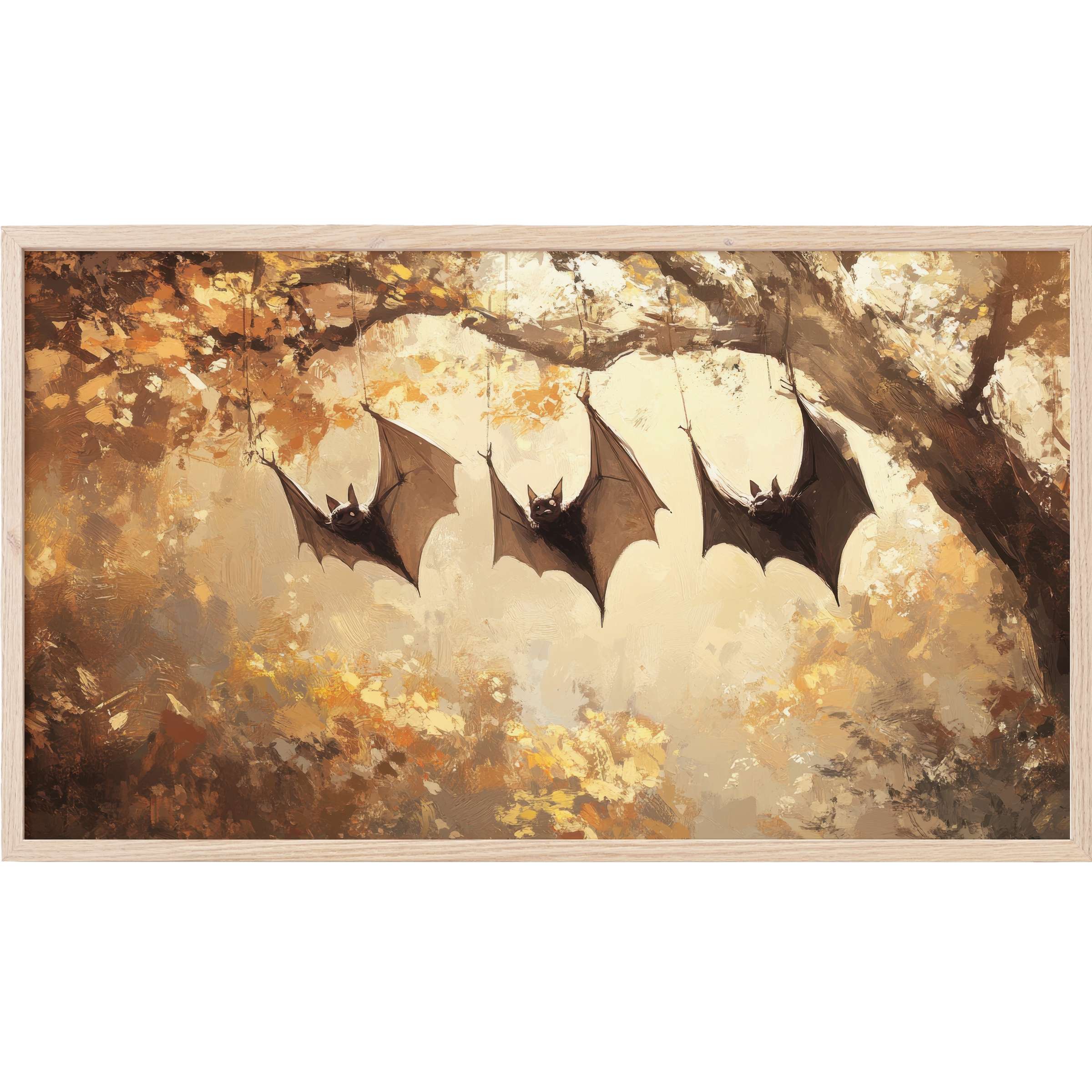 Elegant halloween Frame TV Art featuring three bats hanging in soft, warm autumnal tones with a painterly style