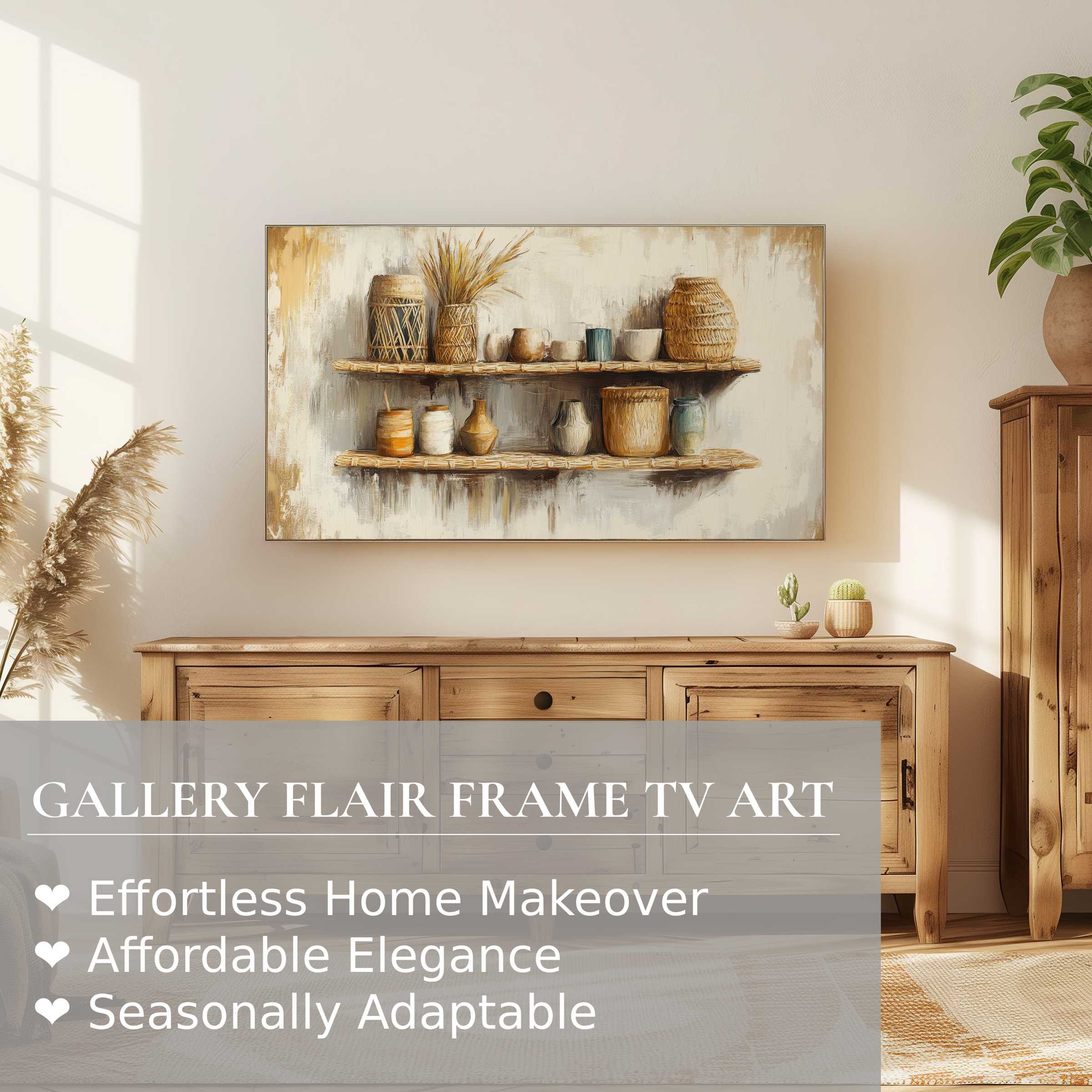 Samsung Frame TV showcasing warm boho digital artwork in a serene, sunlit living space with natural textures