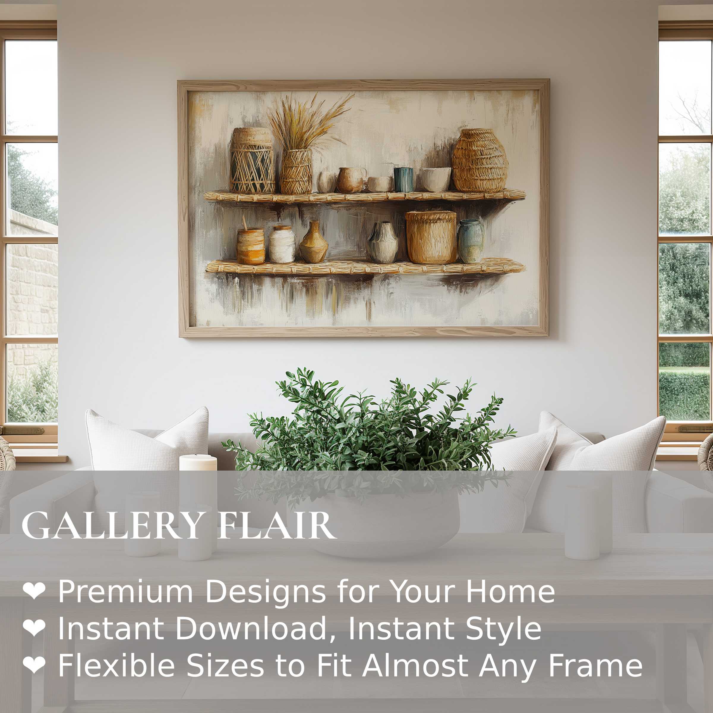 Boho wall art print featuring earthy tones and natural textures, enhancing serene modern farmhouse interiors with warm, organic charm