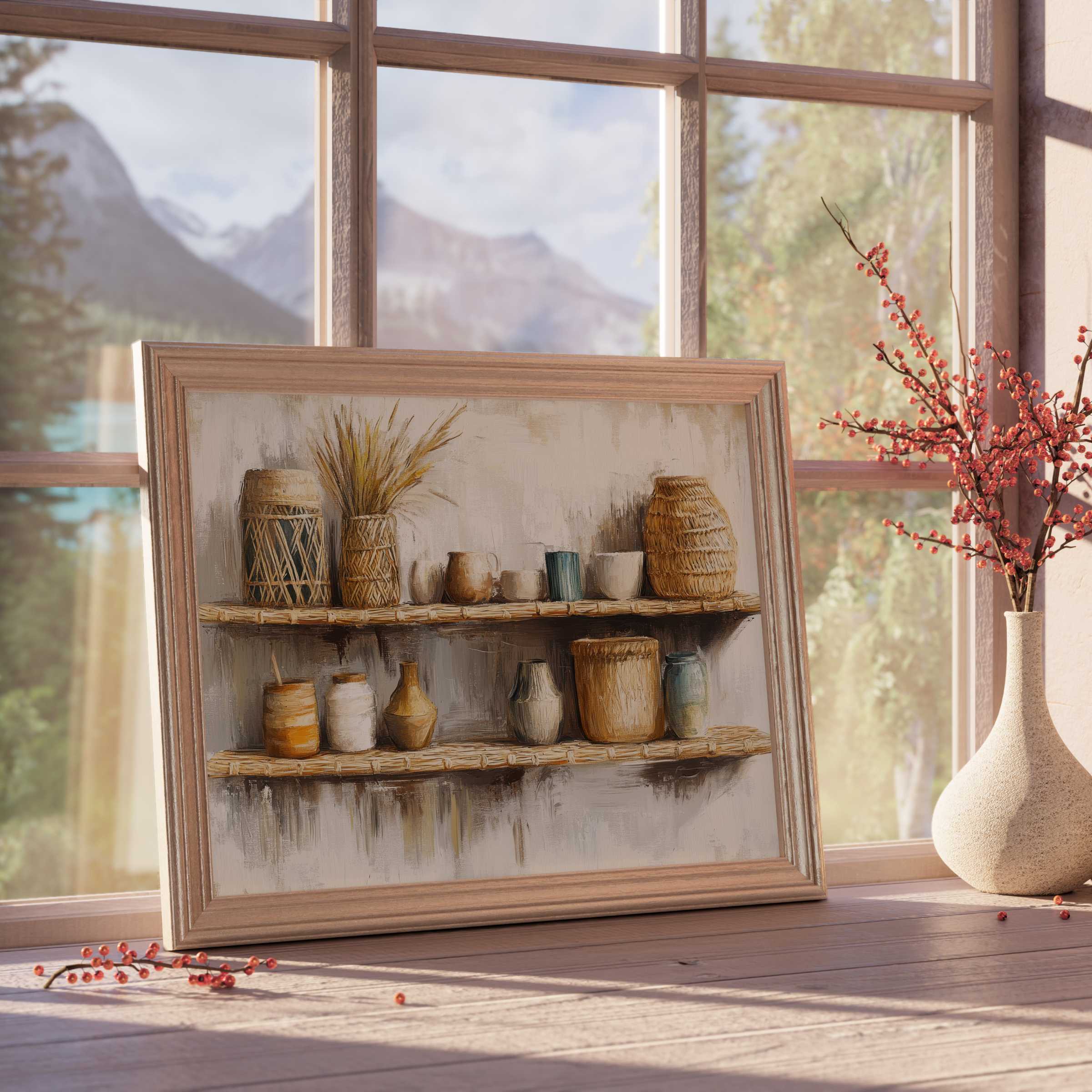Boho downloadable art featuring rustic ceramic and woven vessels on shelves, evoking warm, tranquil vibes in curated, design-forward interiors
