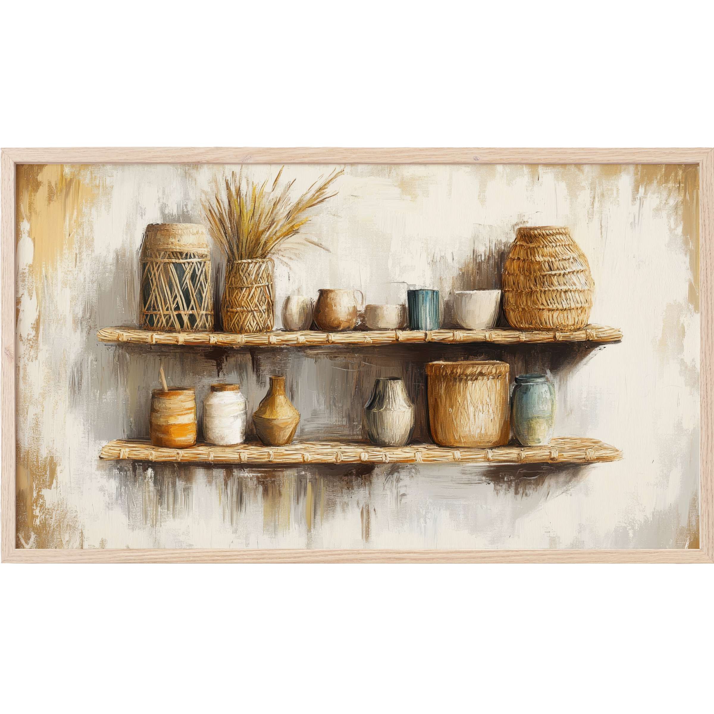Boho Frame TV Art featuring warm earthy tones and textured ceramics on rustic shelves in a modern bohemian style