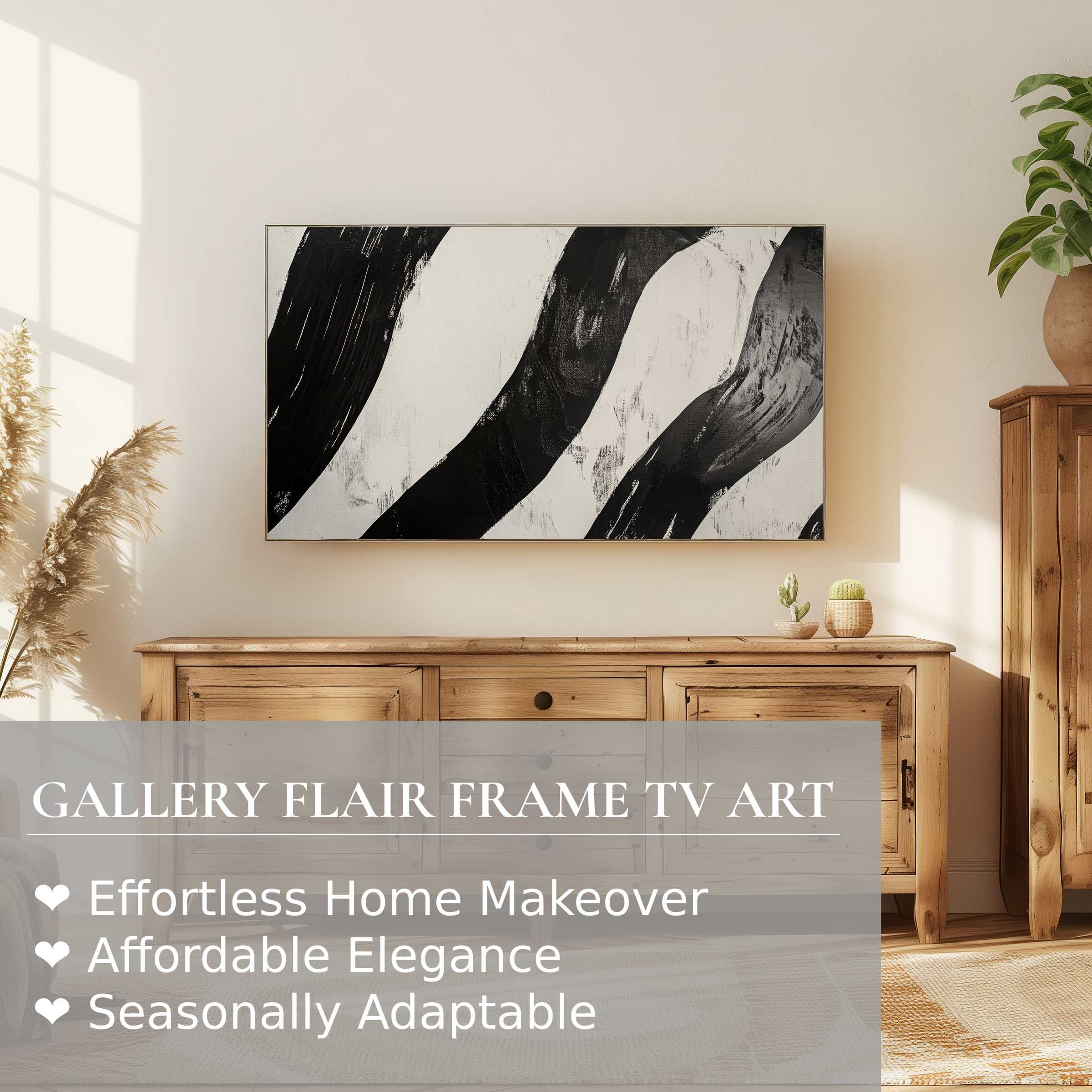 Samsung Frame TV displaying black and white digital artwork, modern abstract style in a warm, minimalist living space