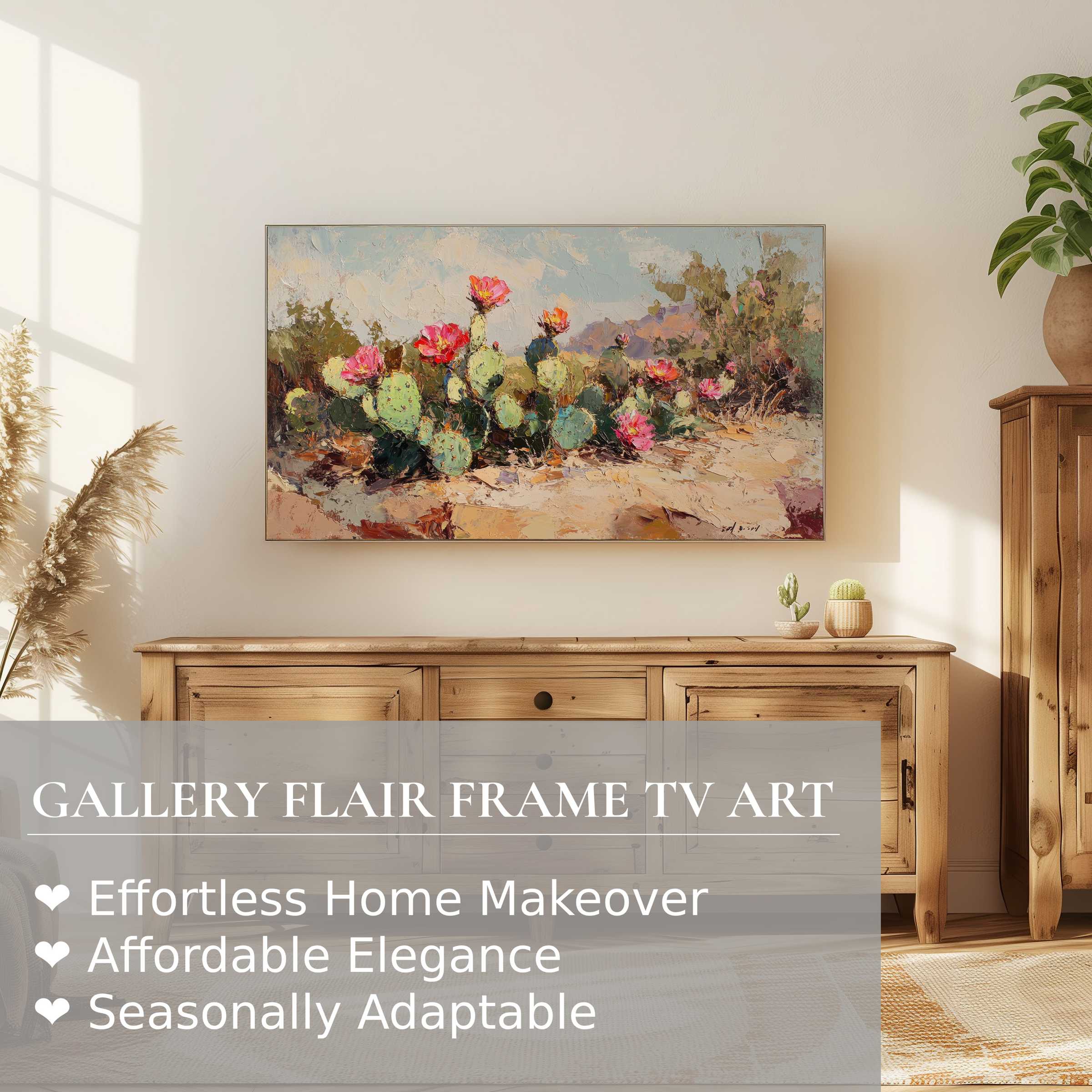 Samsung Frame TV showcases botanical digital artwork of blooming cacti in a warm, modern, sunlit living space