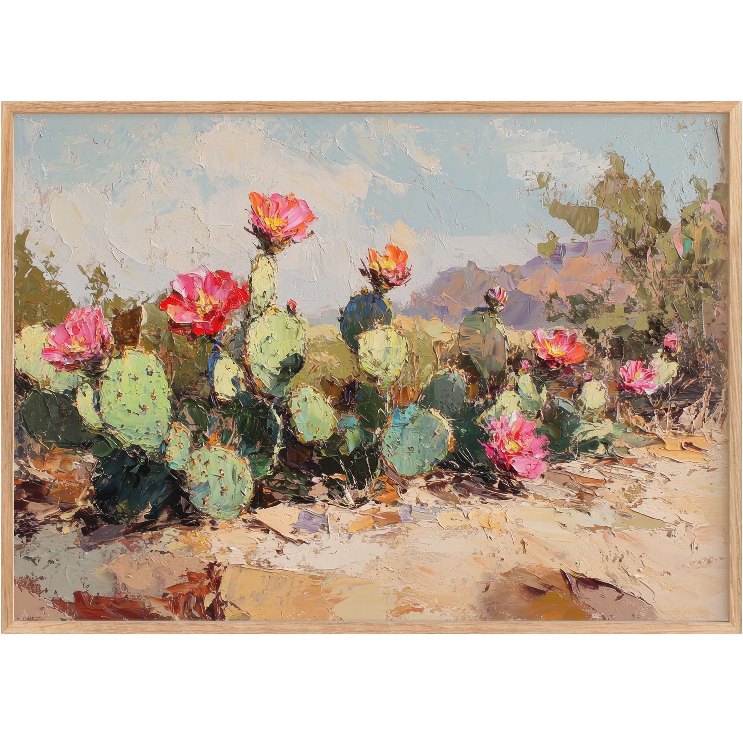 Botanical printable wall art featuring vibrant pink blooms on textured cacti, evoking a radiant, serene desert oasis