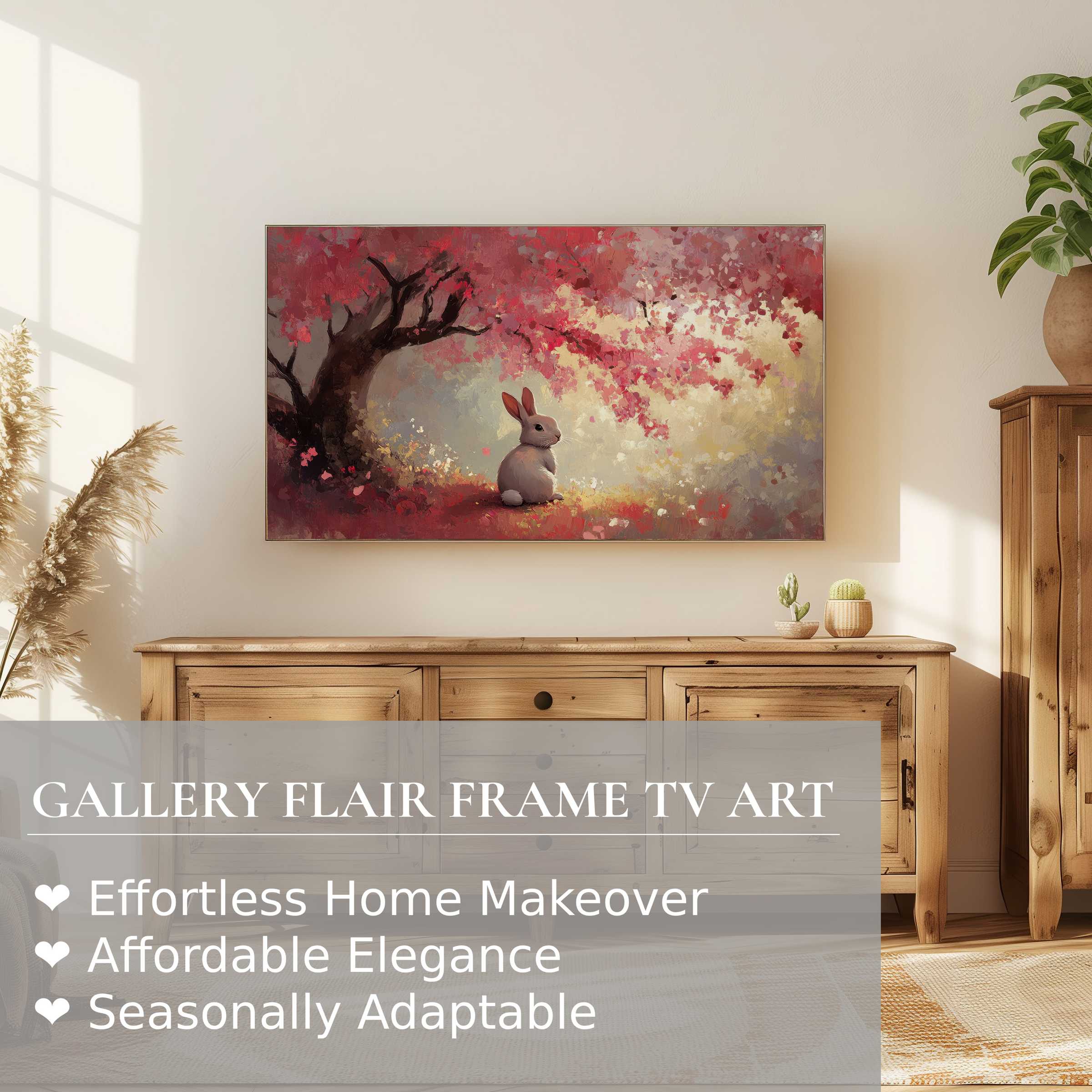 Samsung Frame TV displays elegant easter digital artwork with soft, warm tones in a refined, modern living space