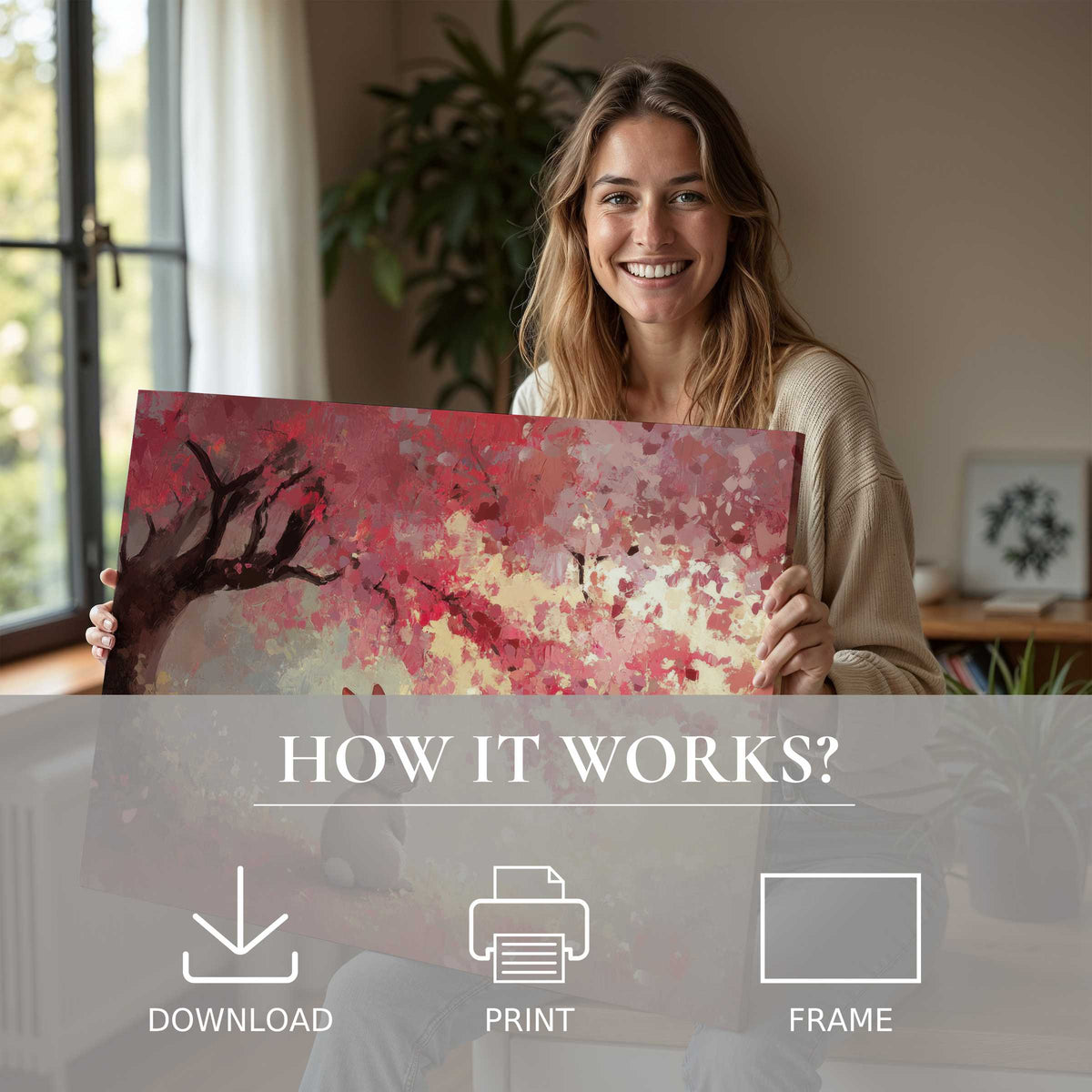A serene moment of joy as a woman embraces an Easter digital art print, infusing her stylish home with warmth and effortless elegance
