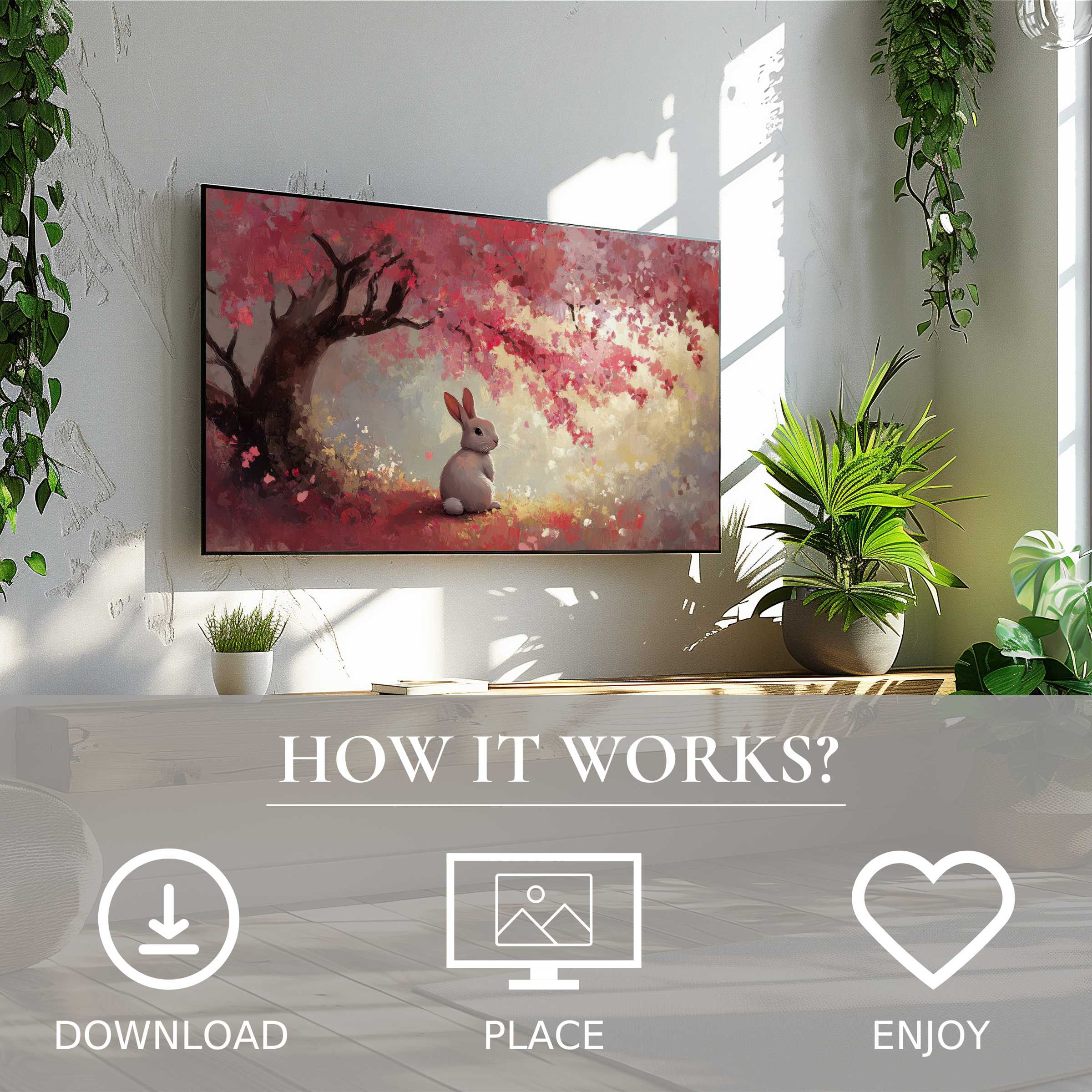Modern living room with easter art for Samsung TV featuring soft pink and cream tones; easy digital download enriches space
