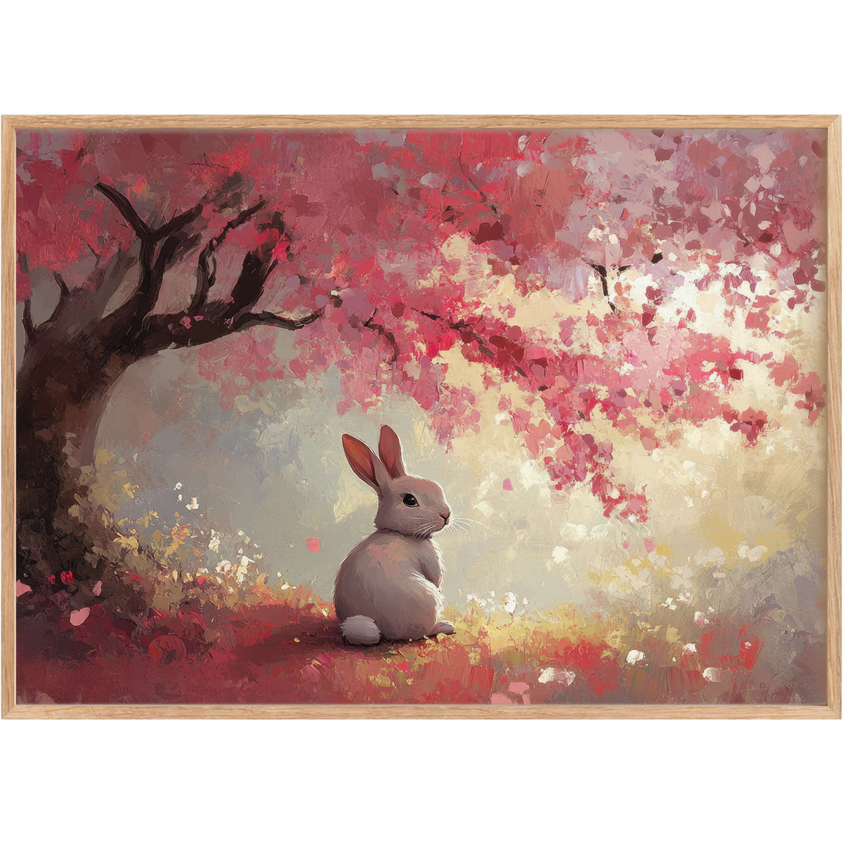 Easter printable wall art capturing a serene bunny beneath blooming pink blossoms, evoking warmth and gentle spring charm