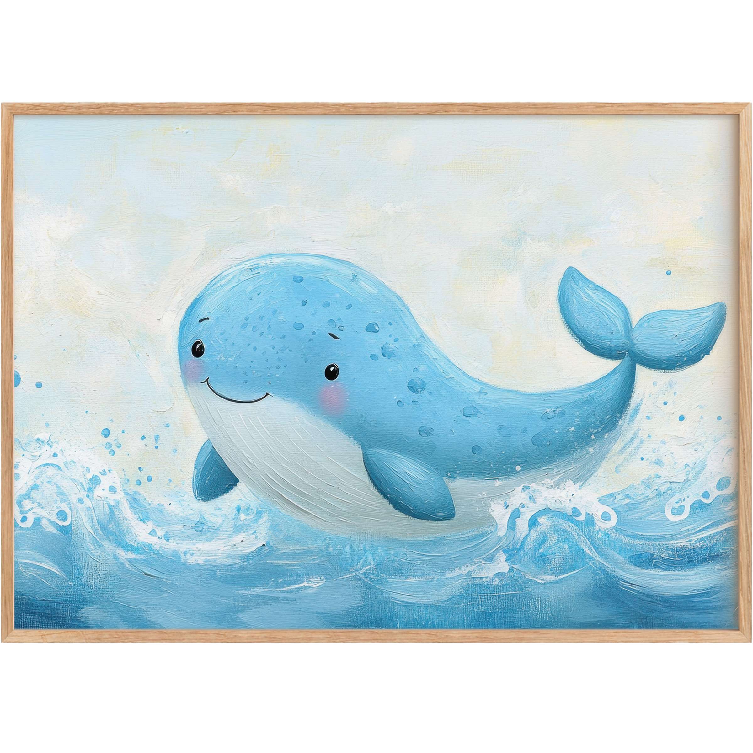 Cheerful nursery printable wall art featuring a smiling blue whale cresting gentle ocean waves, evoking serene joy