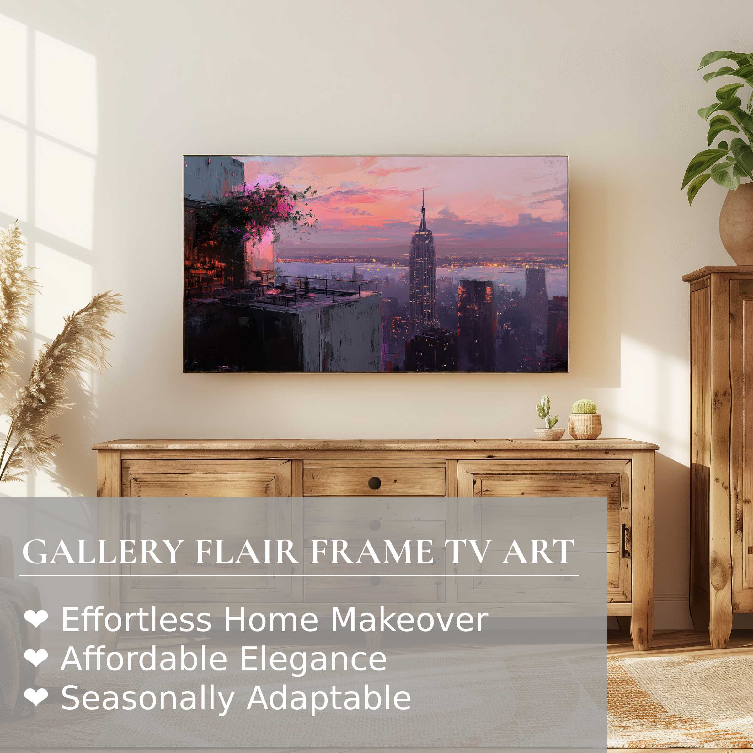 Samsung Frame TV showcasing urban digital artwork of a moody cityscape at sunset in a refined, modern setting