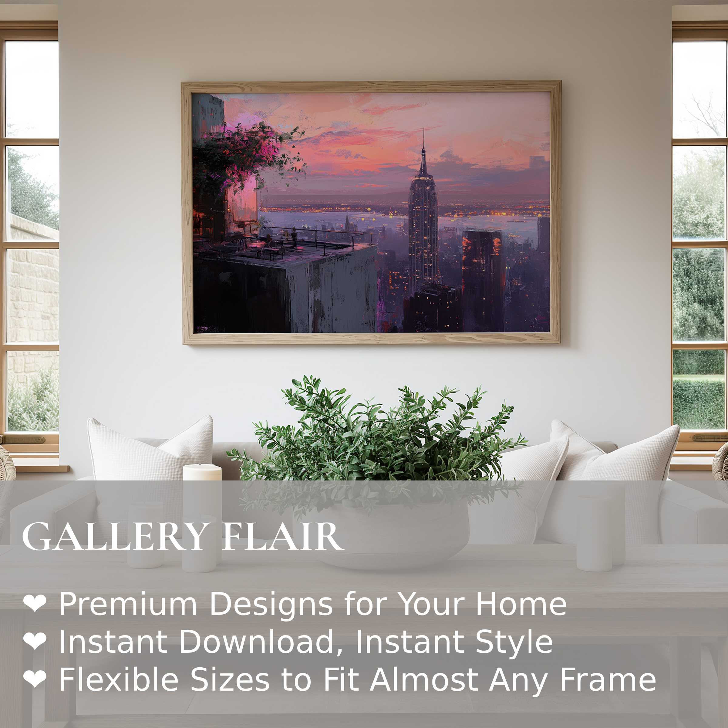 Urban art wall art print featuring a radiant cityscape at sunset, blending bold hues with a sleek, modern living room vibe