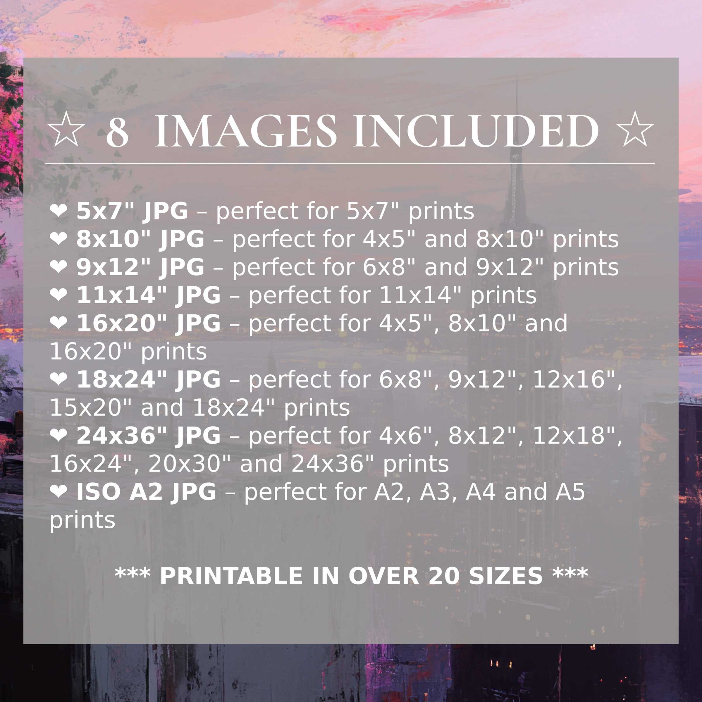 Radiant urban digital print blending soft pinks and deep purples, offered in 8 high-quality sizes for versatile modern decor elevation