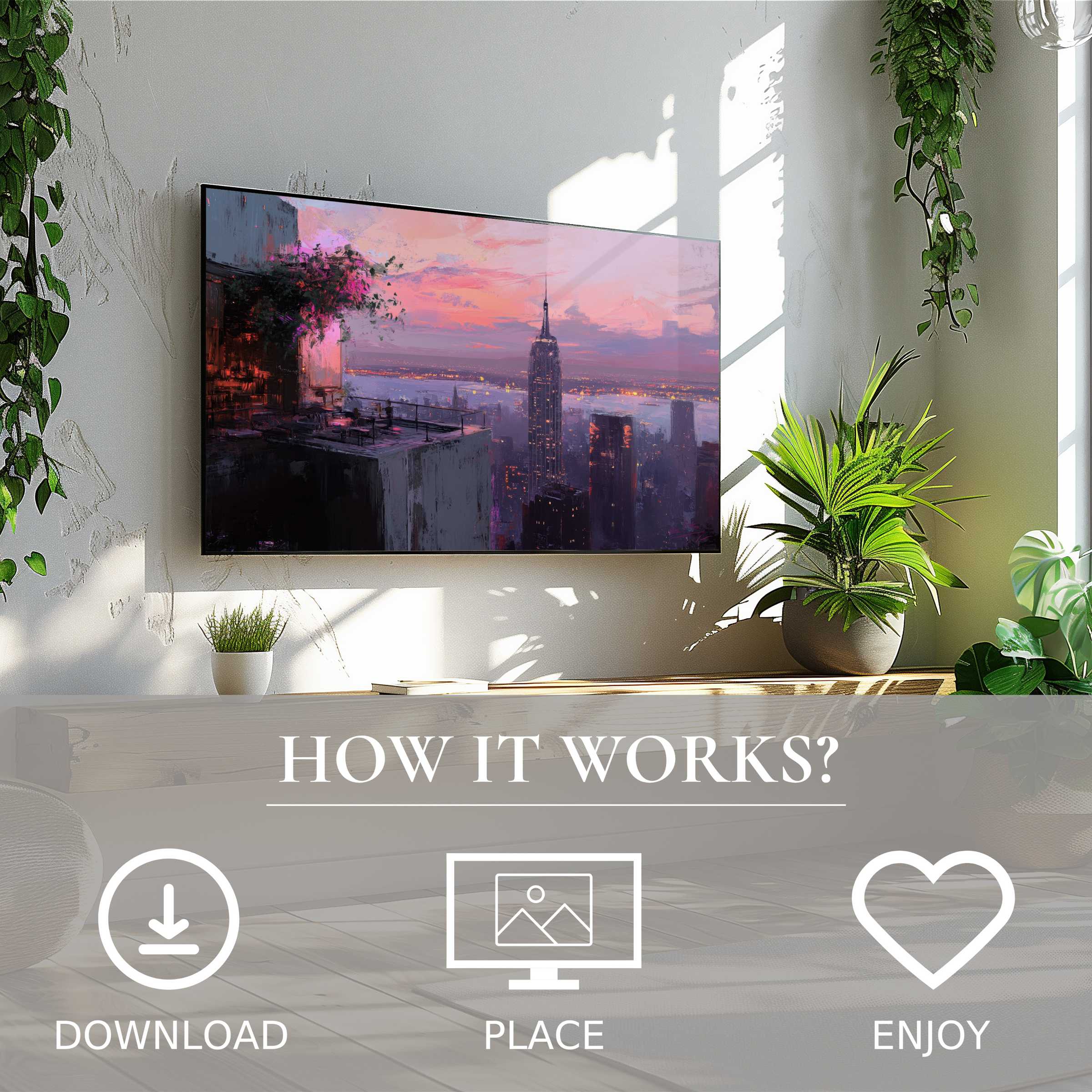 Urban art for Samsung TV shows soft sunset tones over cityscape, easy digital download enriches modern living spaces