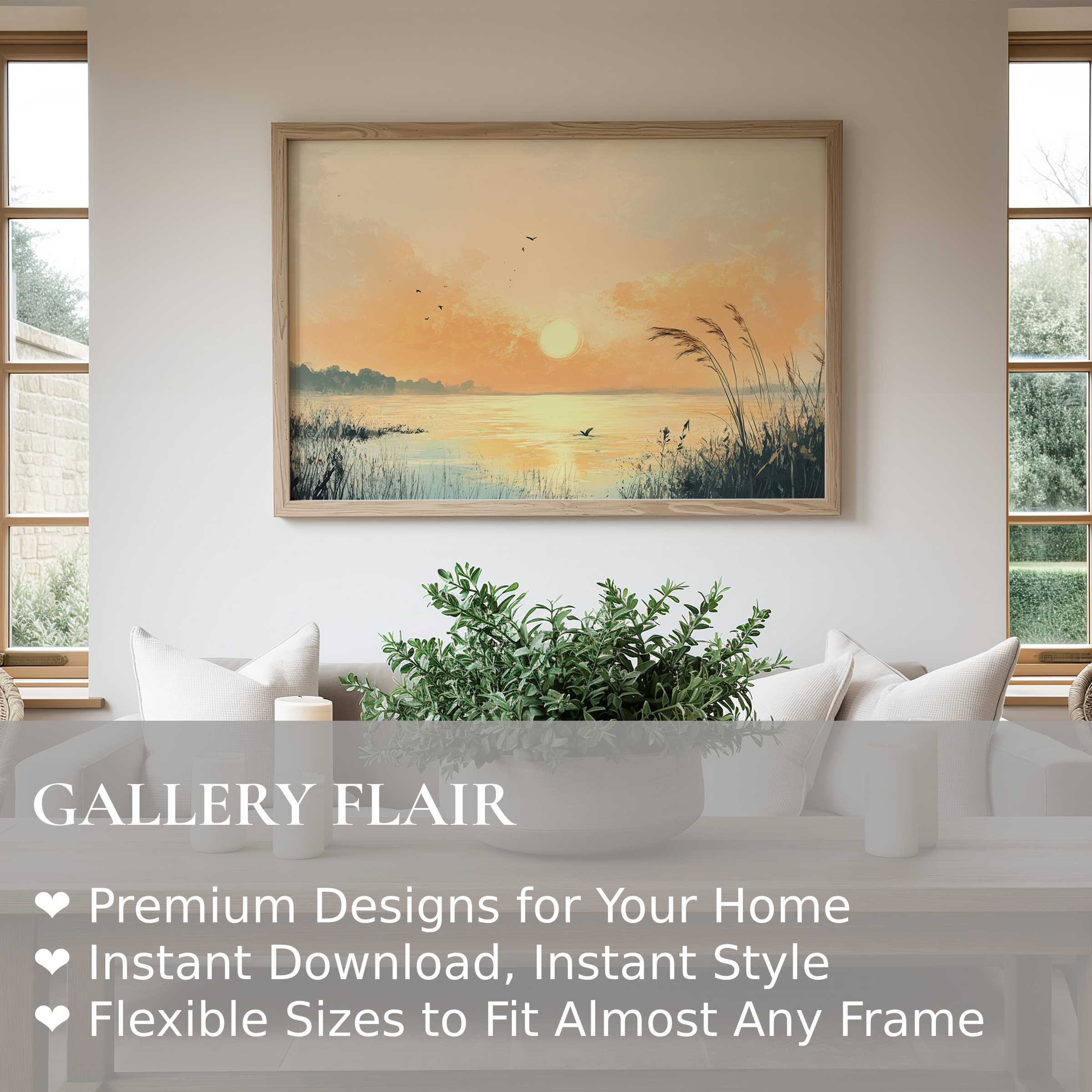 Coastal wall art print capturing a radiant sunset over tranquil waters, evoking a soft, calming coastal vibe in a modern minimalist living space
