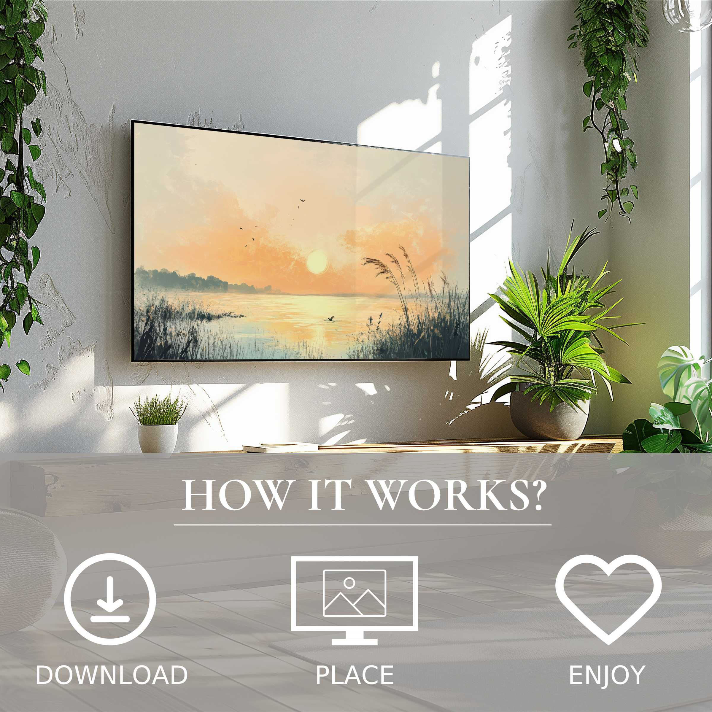 Coastal art for Samsung TV shows soft sunset tones, easy digital download, enhancing modern living spaces with serene design