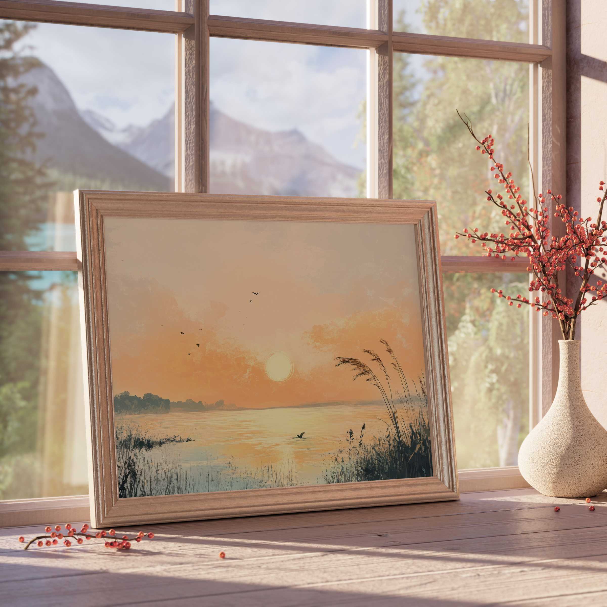 Coastal downloadable art capturing a tranquil sunset glow with soft reeds, enhancing serene, design-forward interiors with warm natural accents