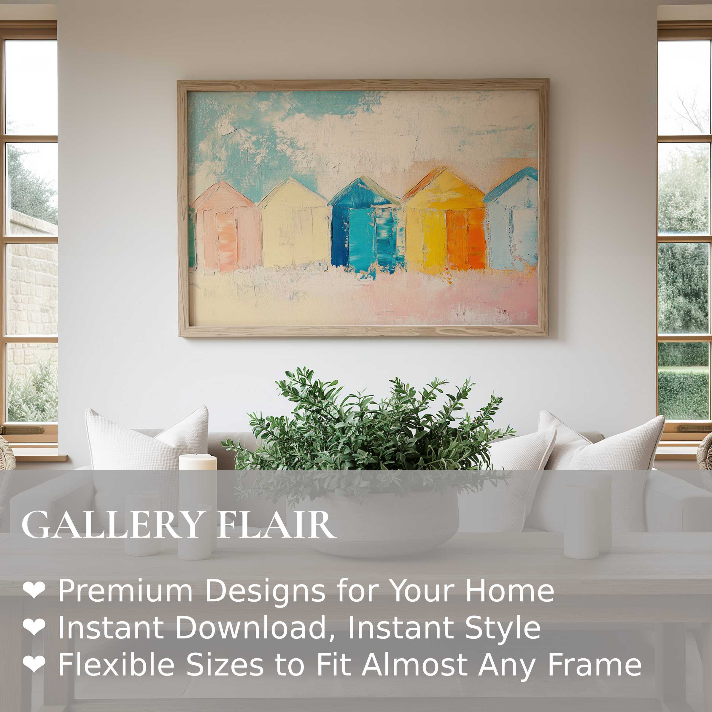 Radiant beach wall art print featuring pastel beach huts in soft coastal hues, enhancing modern minimalist interiors with calming, stylish charm