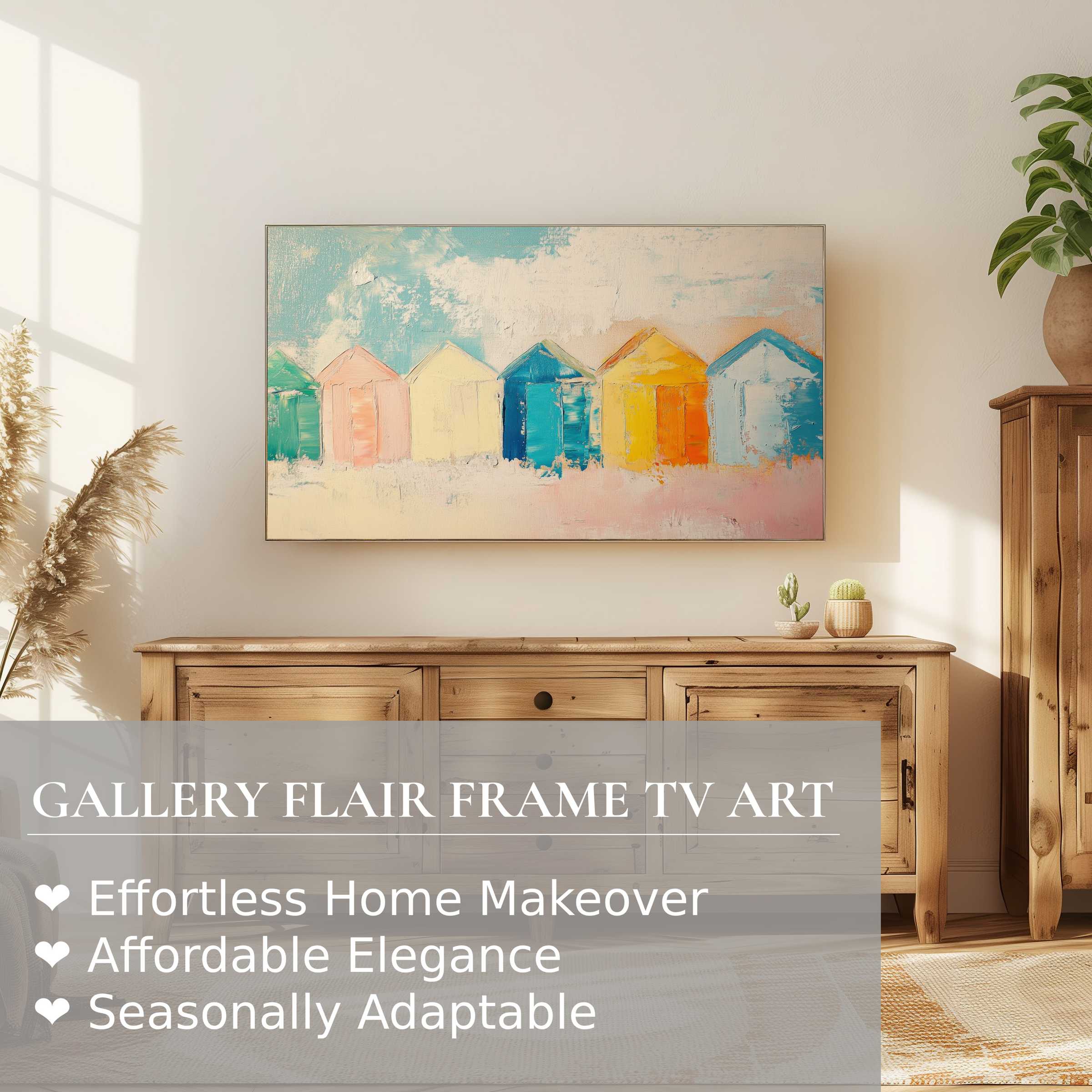 Samsung Frame TV displays serene beach digital artwork with pastel hues in a modern, elegant living space