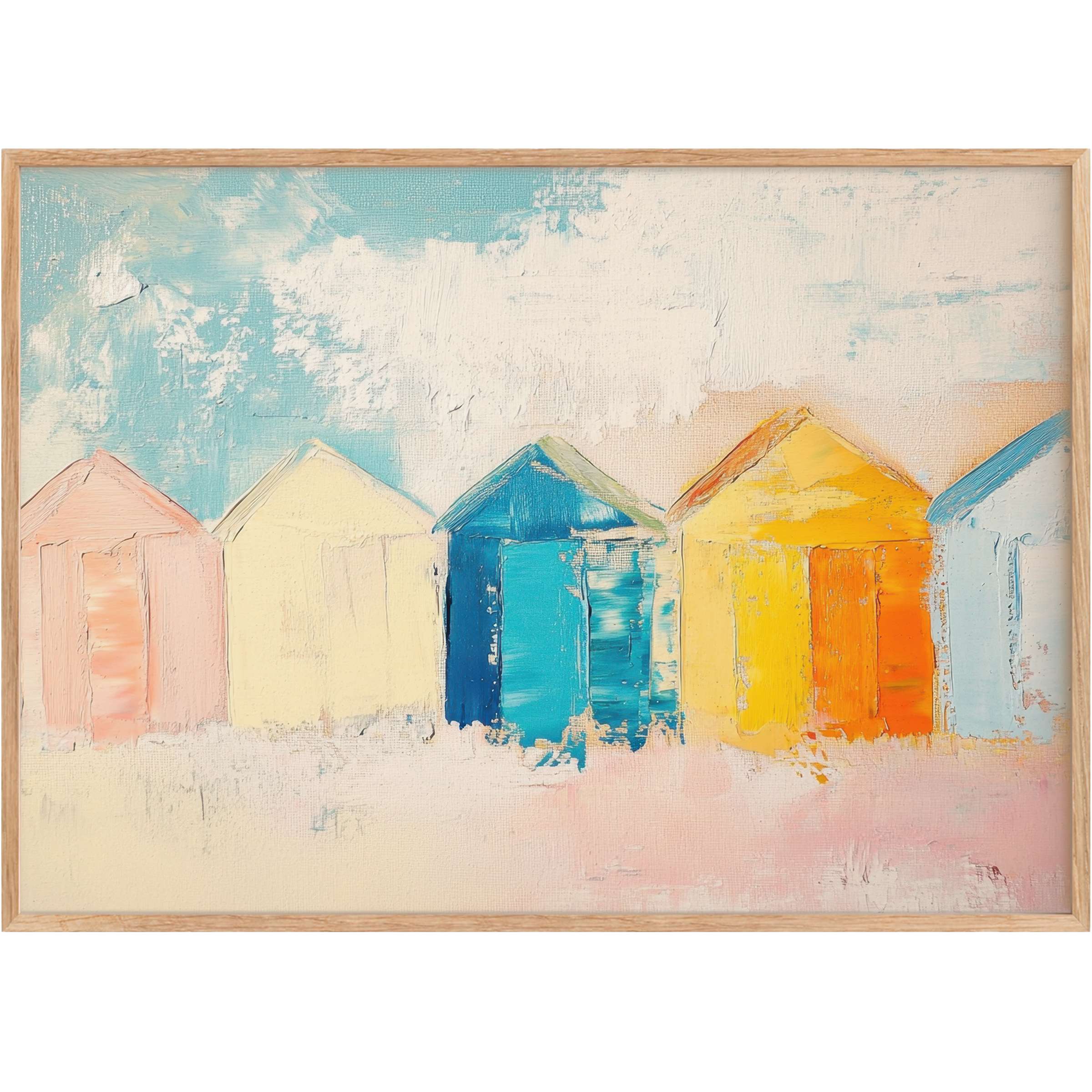 Beach printable wall art featuring pastel and vivid huts, invoking a radiant, breezy coastal escape with soft blues and warm yellows