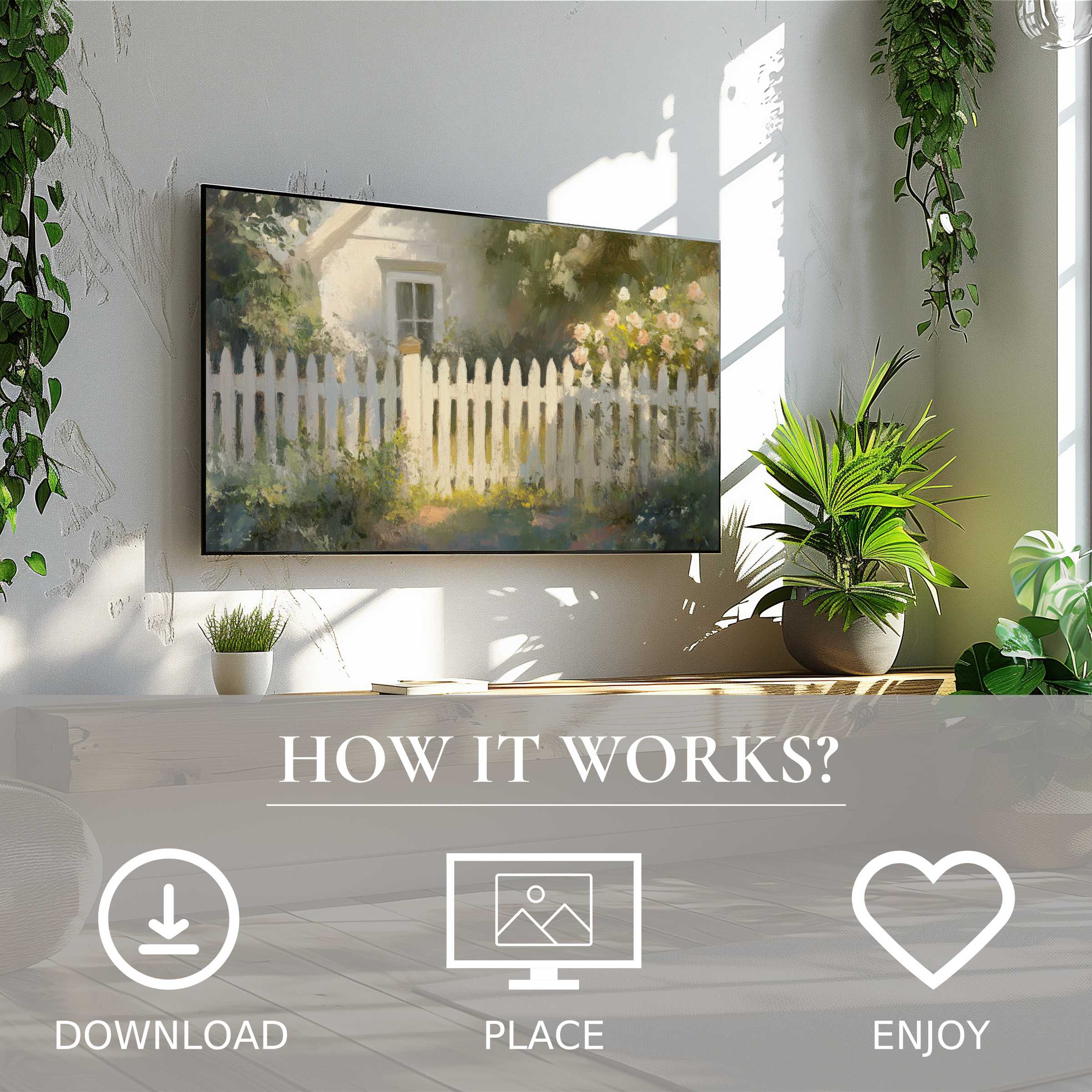 Modern living room with farmhouse art for Samsung TV; soft sunset tones enrich space via easy digital download