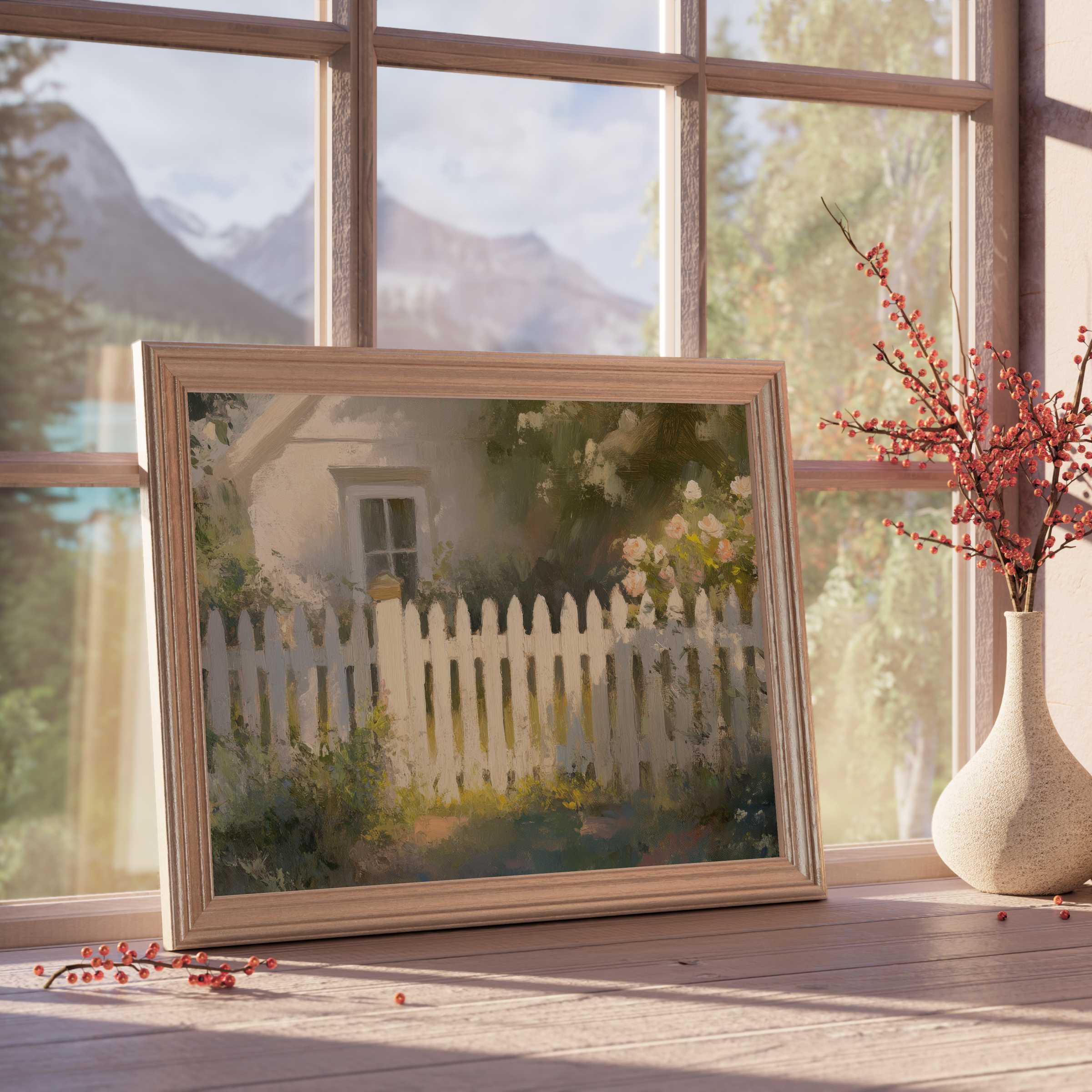 Farmhouse downloadable art capturing a serene white picket fence and blooming roses, perfect for tranquil, curated interiors