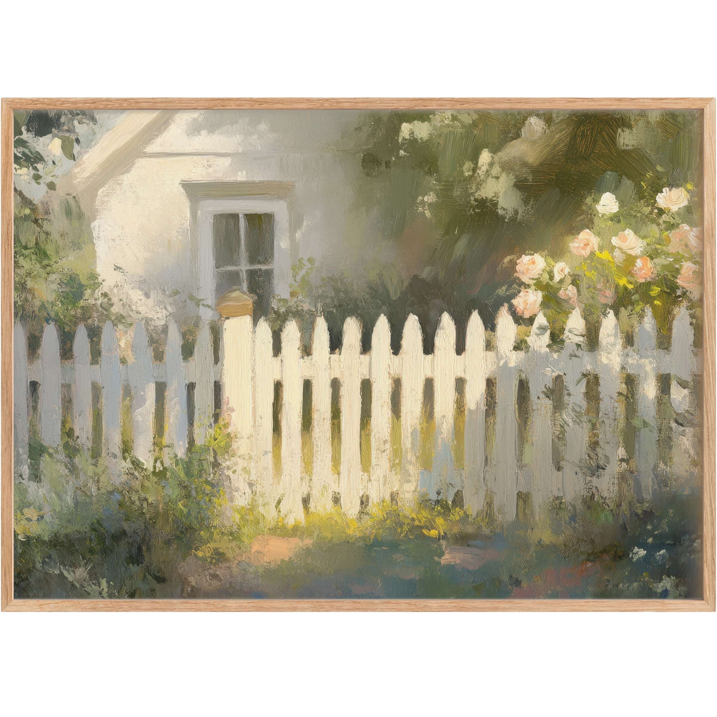 Serene farmhouse printable wall art featuring a sunlit white picket fence and soft blush roses, evoking warm, peaceful charm