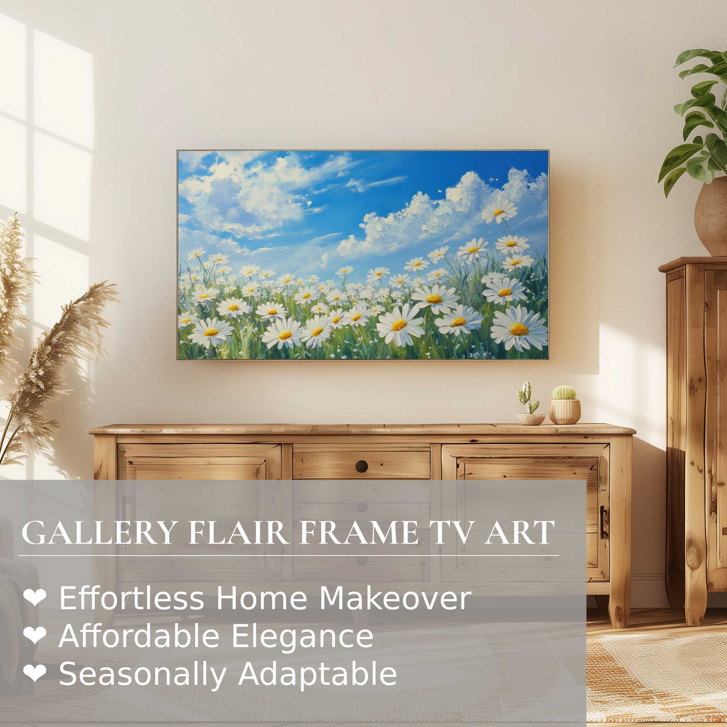 Modern living room with wooden furniture, Samsung Frame TV showcasing vibrant floral digital artwork of daisies