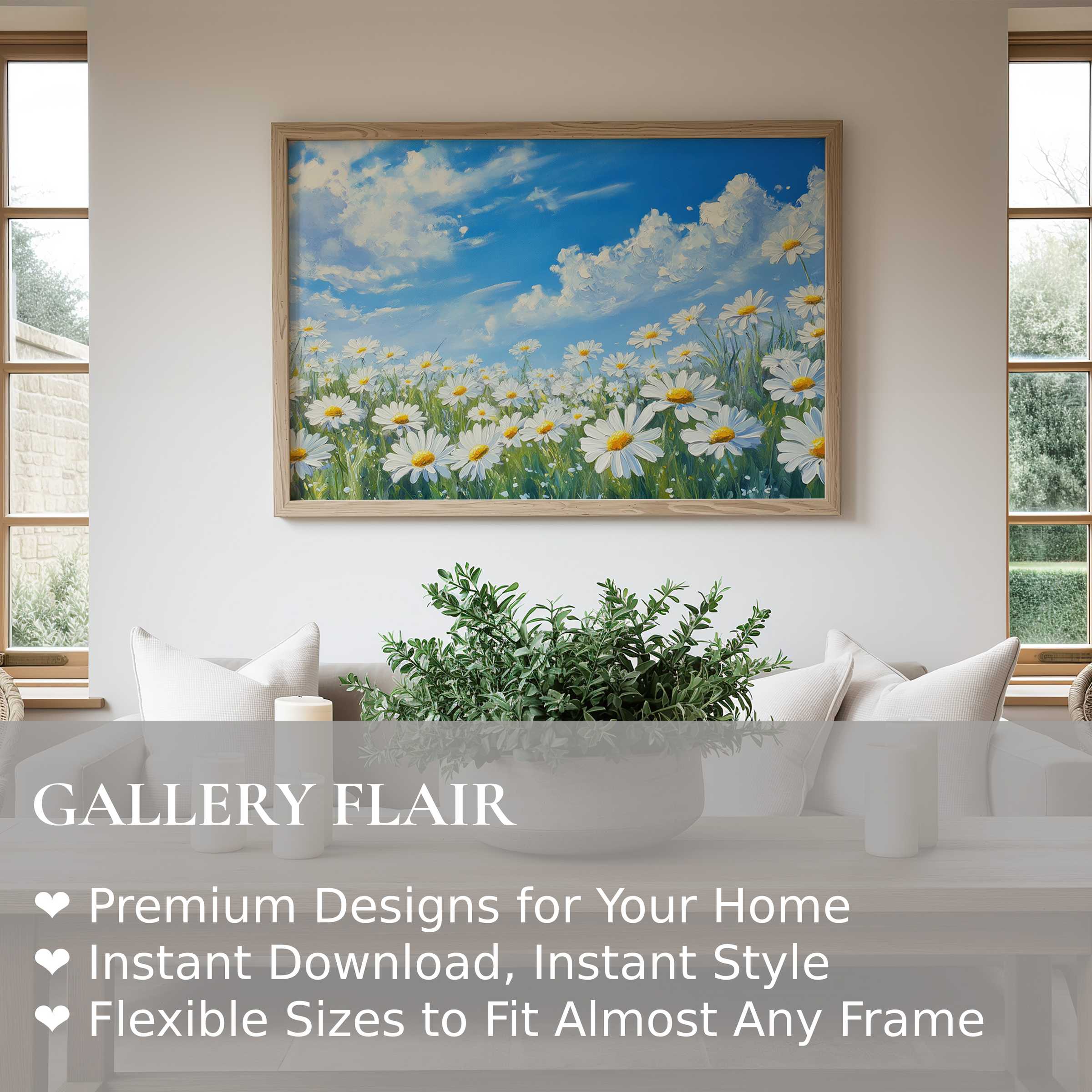 Radiant floral wall art print of blooming daisies beneath a bright blue sky, elevating serene modern farmhouse interiors