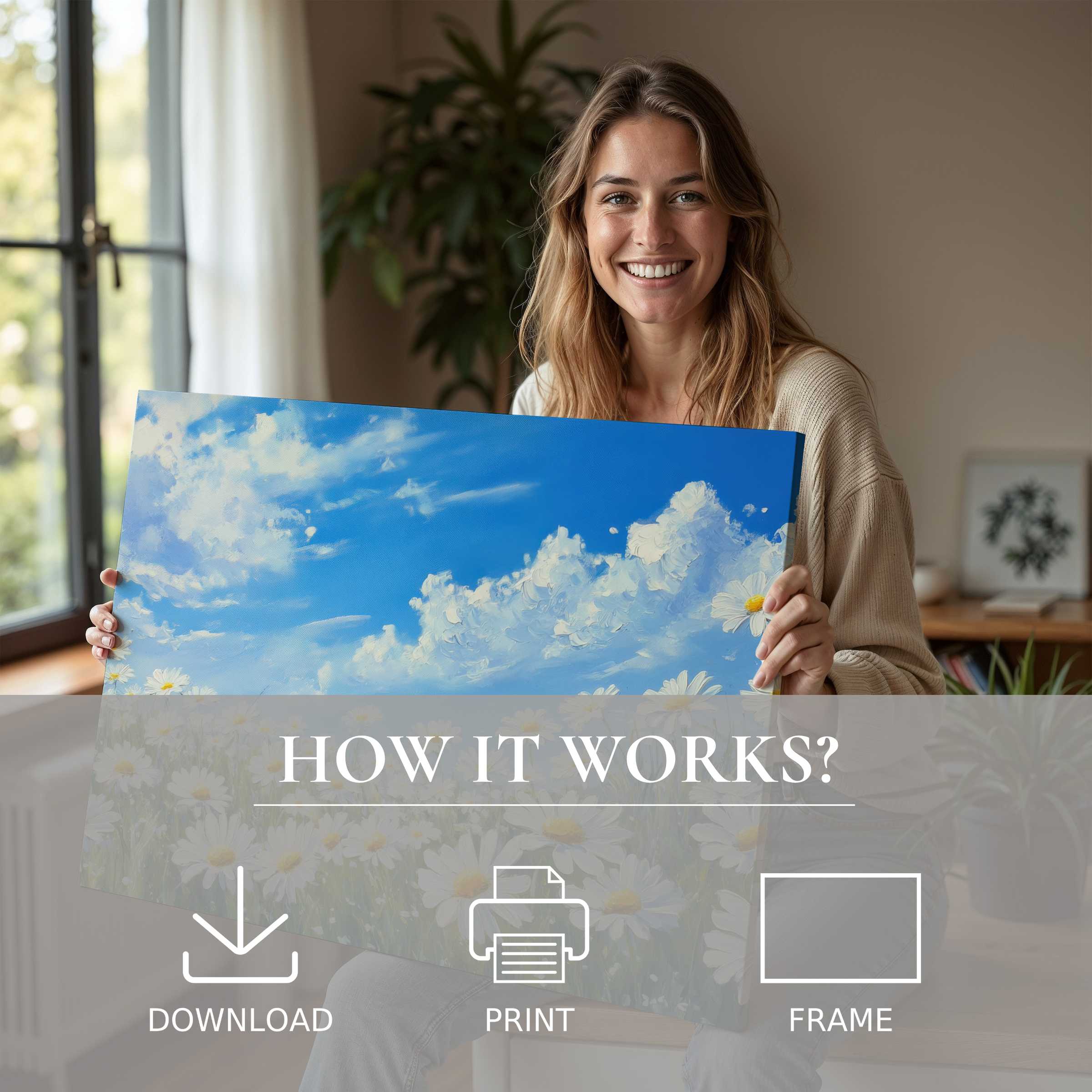 Radiant floral digital art print infuses serene joy into a modern home, capturing the effortless beauty of living with art