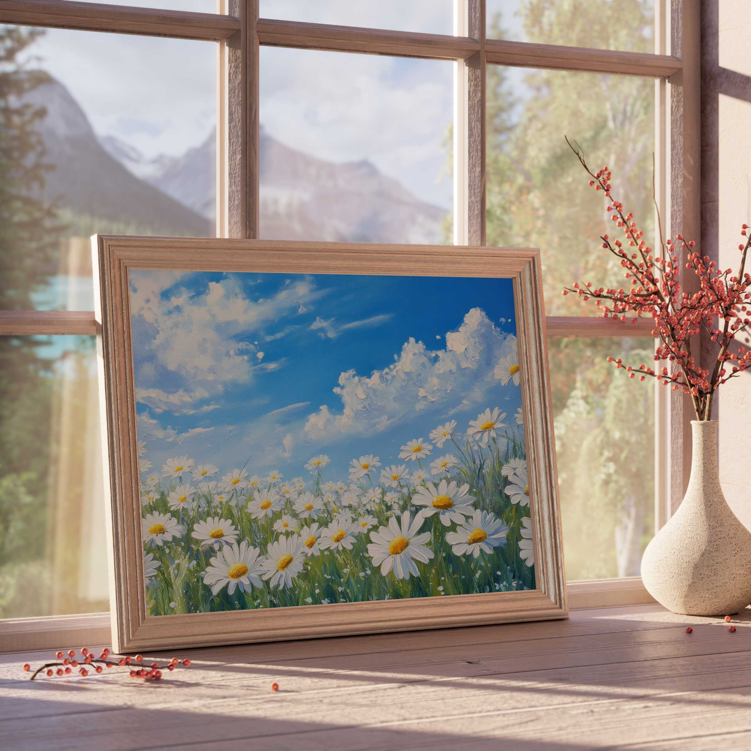 Floral downloadable art featuring serene daisies under a bright sky, perfect for elevating tranquil, curated interiors