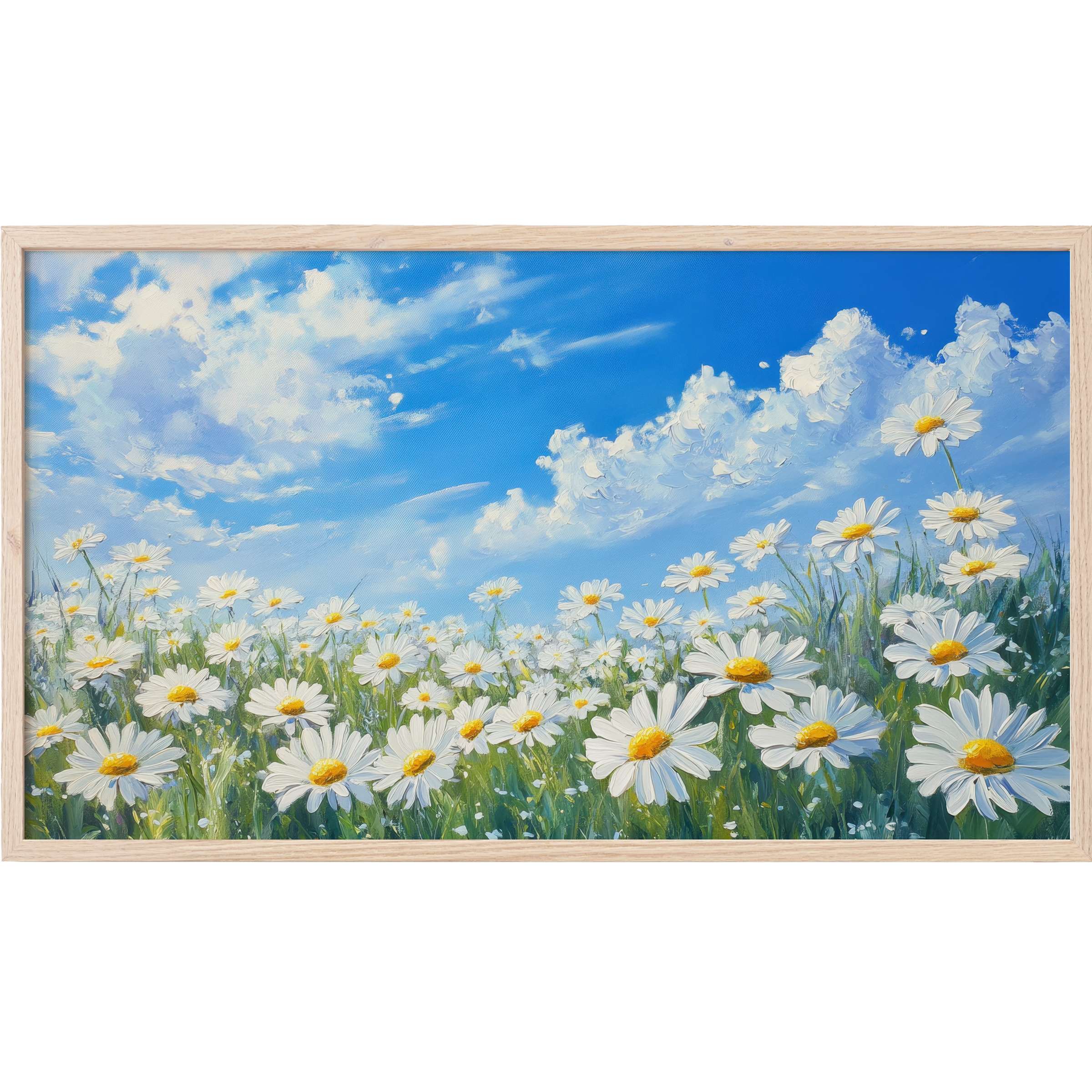 Floral Frame TV Art featuring bright white daisies under a vivid blue sky with wispy clouds, modern and elegant