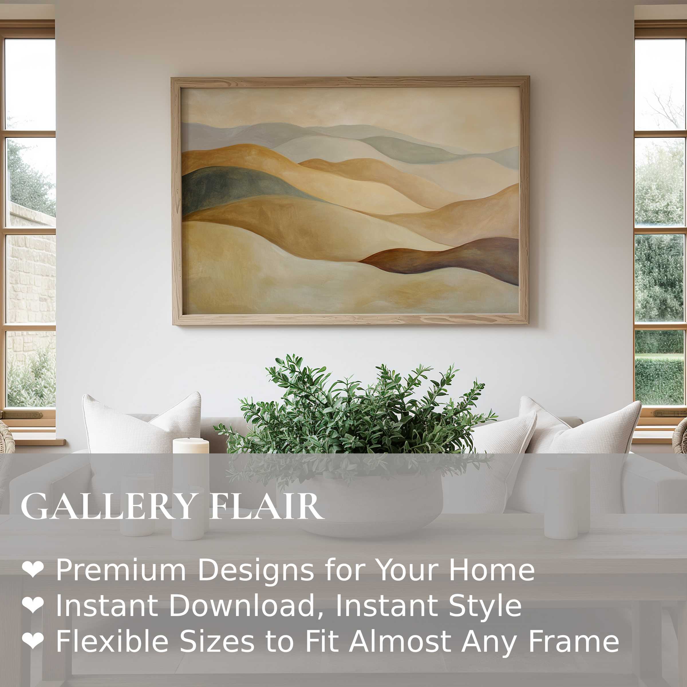 Neutral wall art print featuring soothing layered earth-toned hills, creating a calming, elegant focal point in a modern, minimalist living room