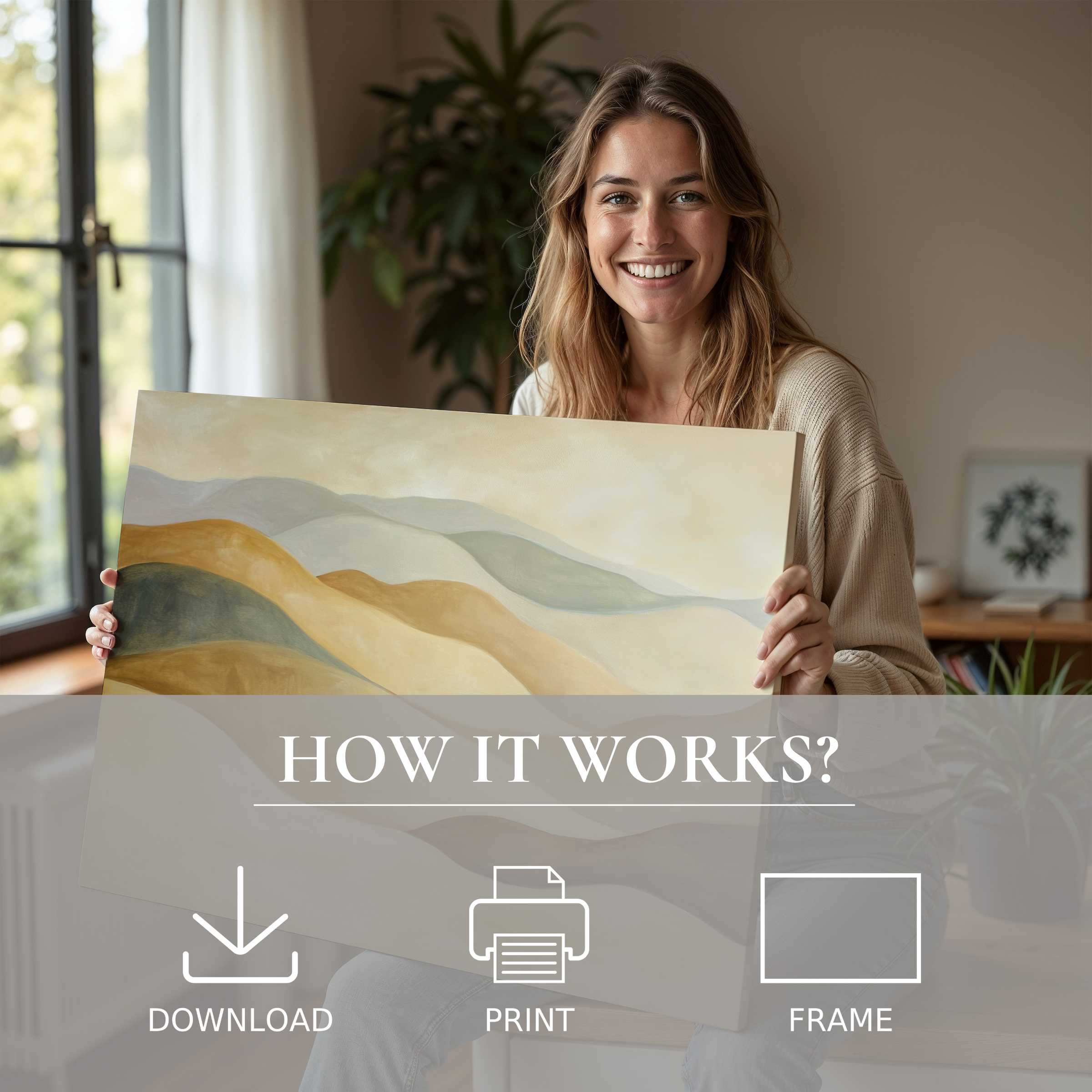 Radiant woman in a stylish home shares a serene moment with a neutral digital art print in soft earth tones, embodying joy