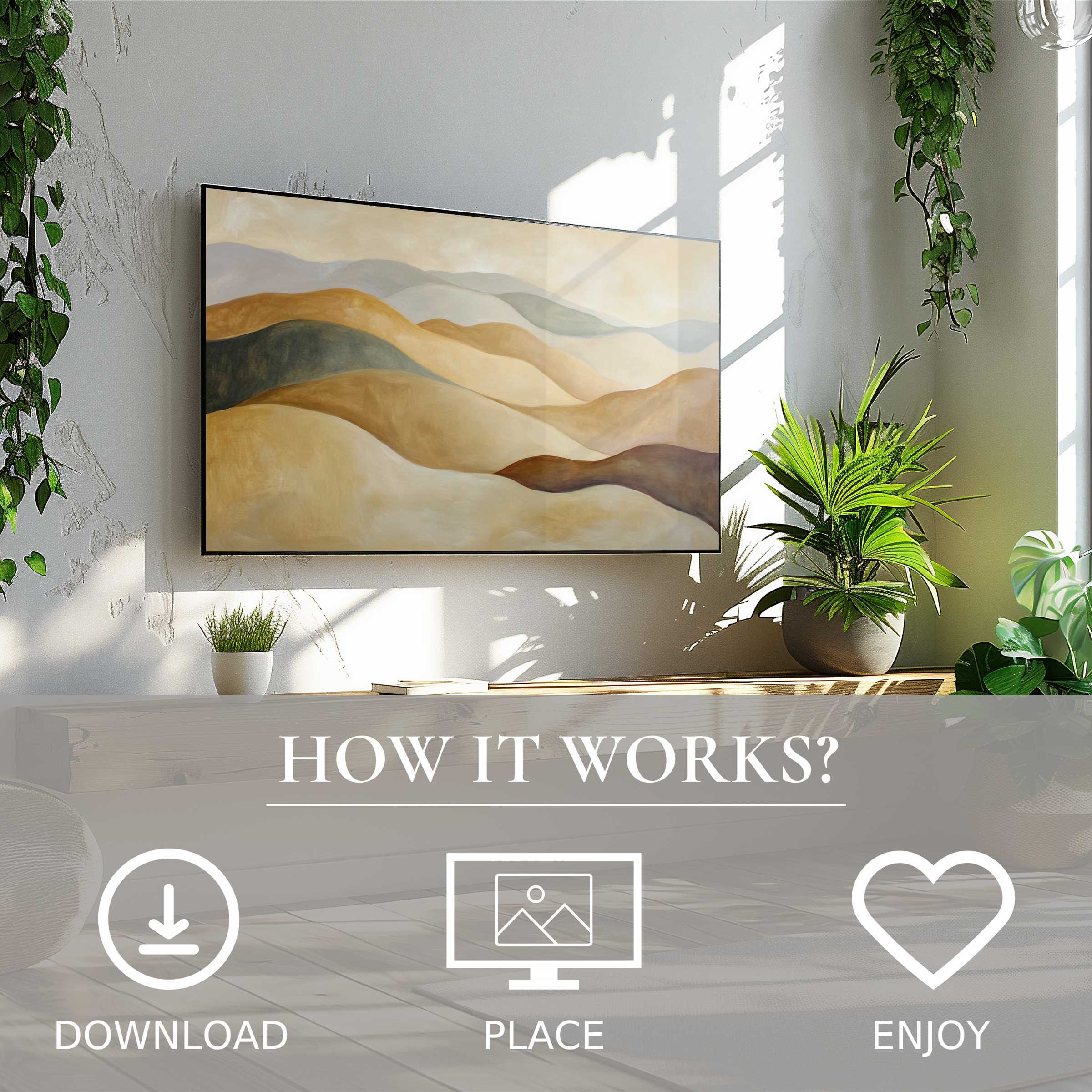 Neutral art for Samsung TV showing soft desert tones with smooth hills; easy digital download enriches modern living spaces