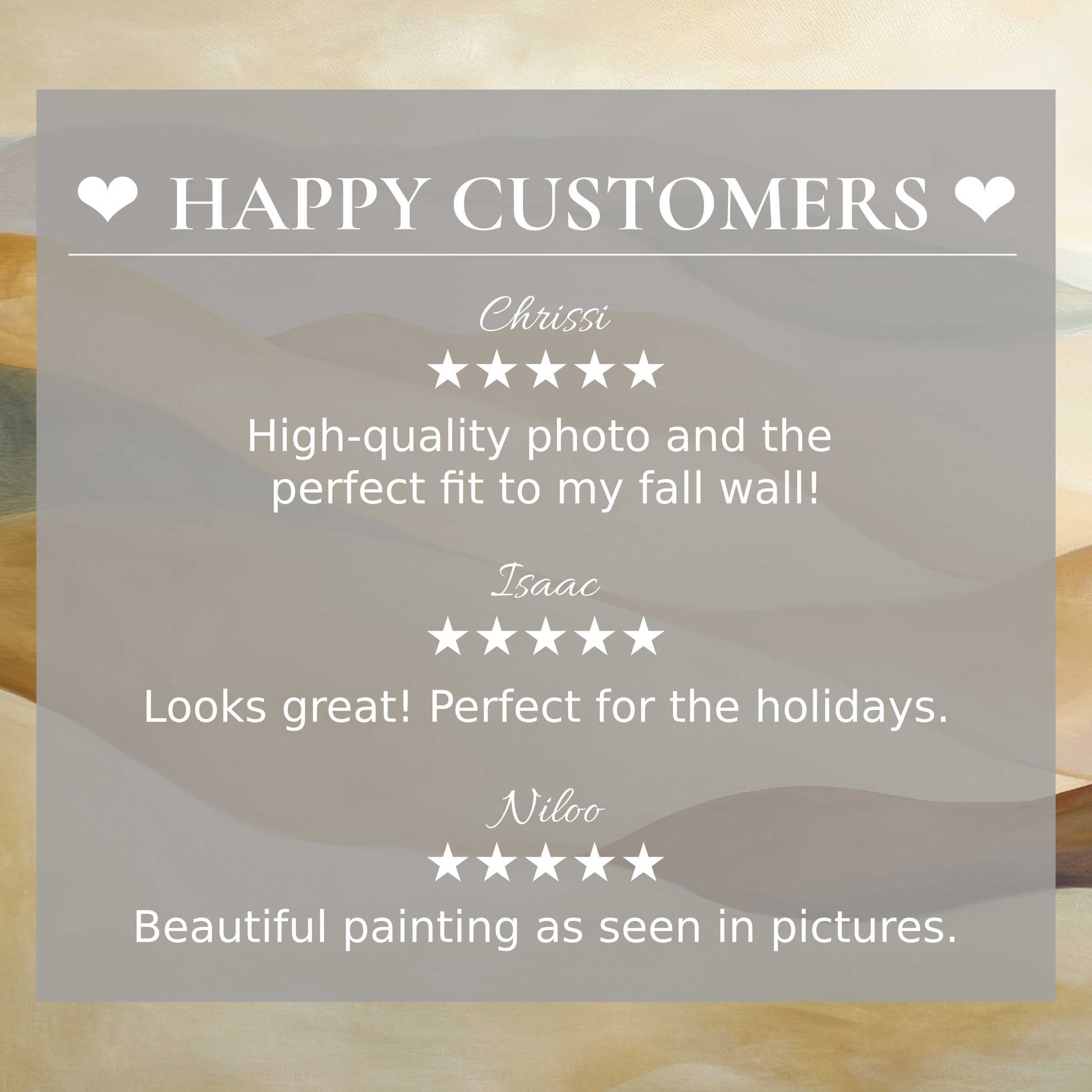 Neutral art for Frame TV with abstract sunset hues, showcasing happy customer reviews and a refined, trustworthy layout