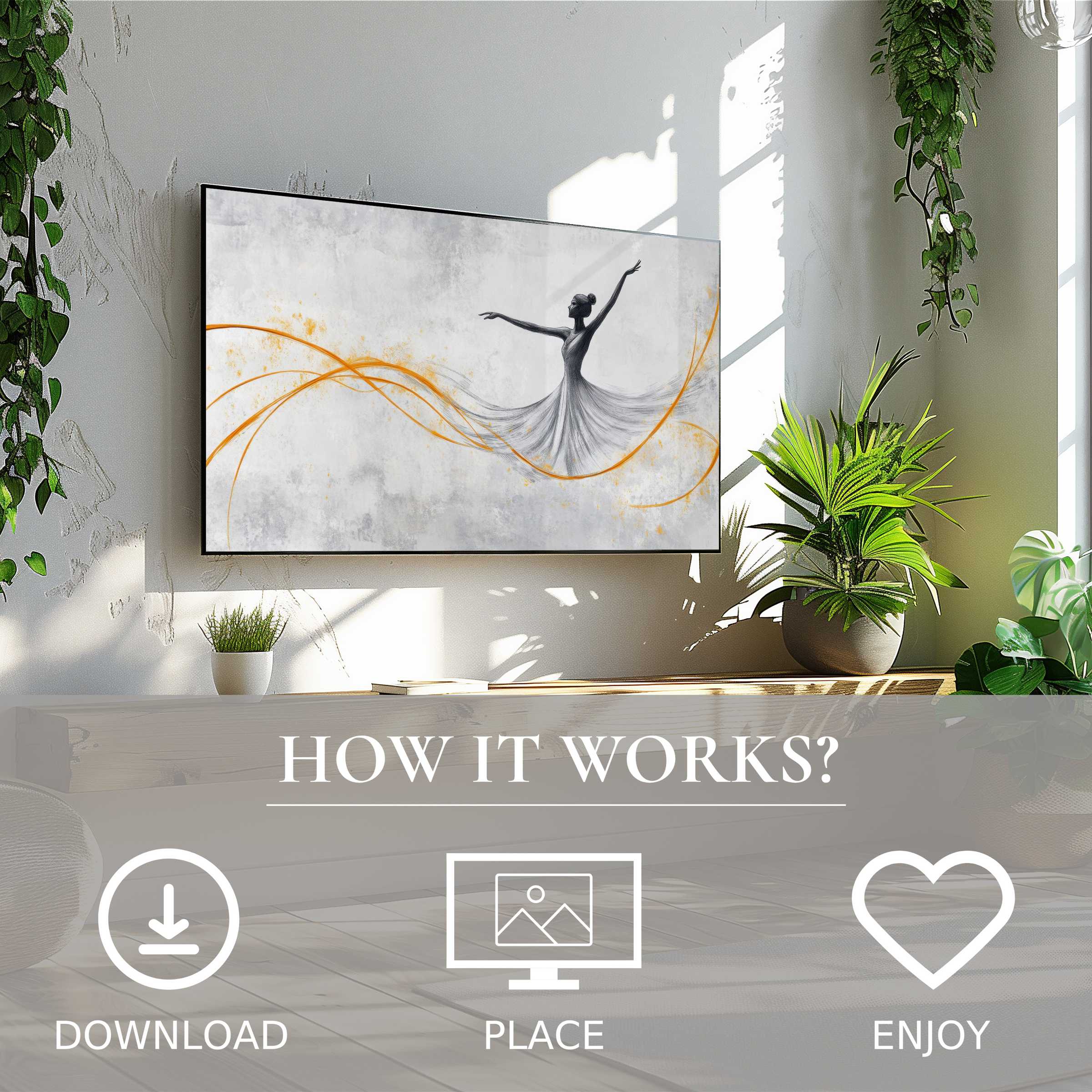 Minimalist art for Samsung TV showing graceful dancer and orange waves in a bright, green-infused living space; easy digital download