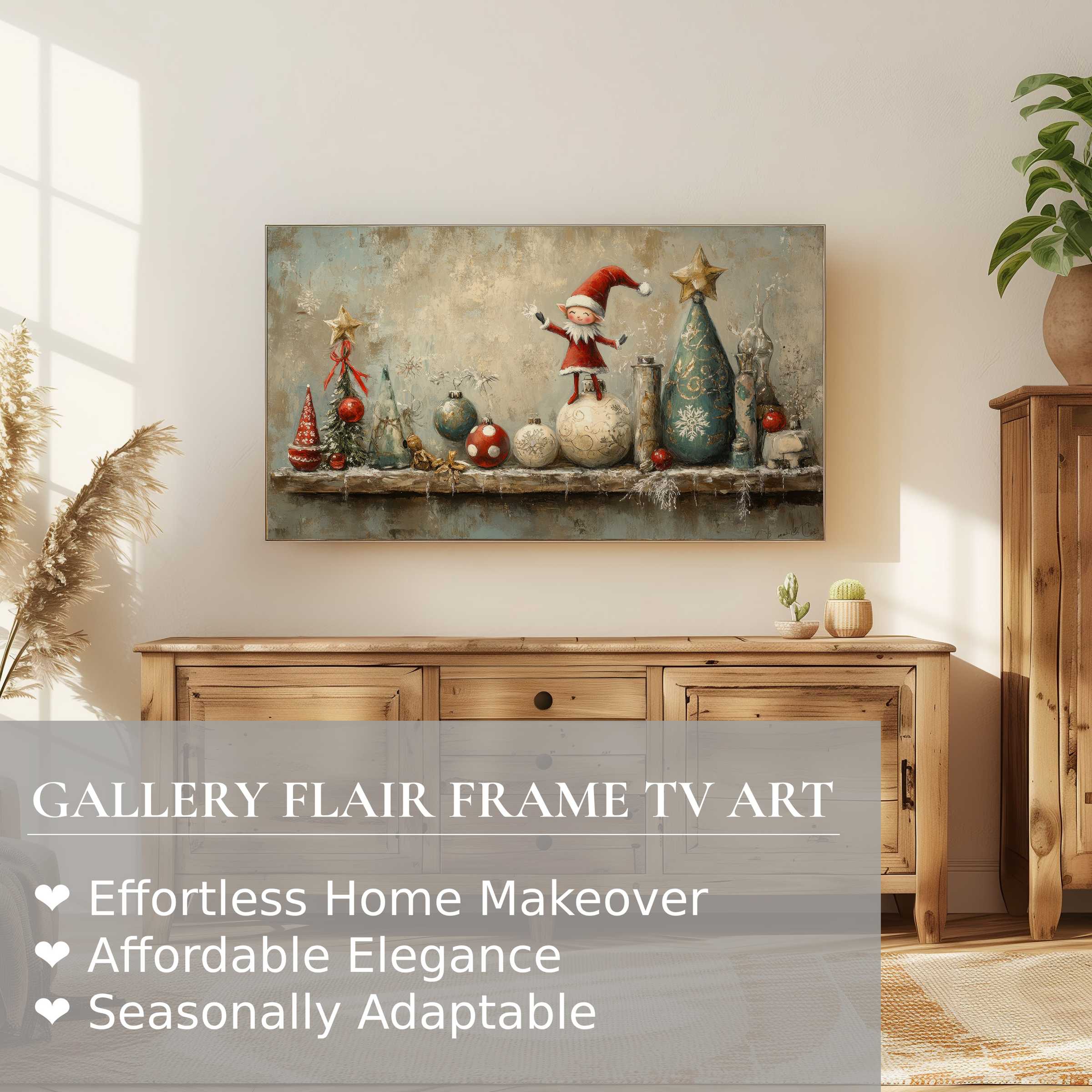 Warm Christmas digital artwork on Samsung Frame TV, blending rustic charm with elegant modern home decor