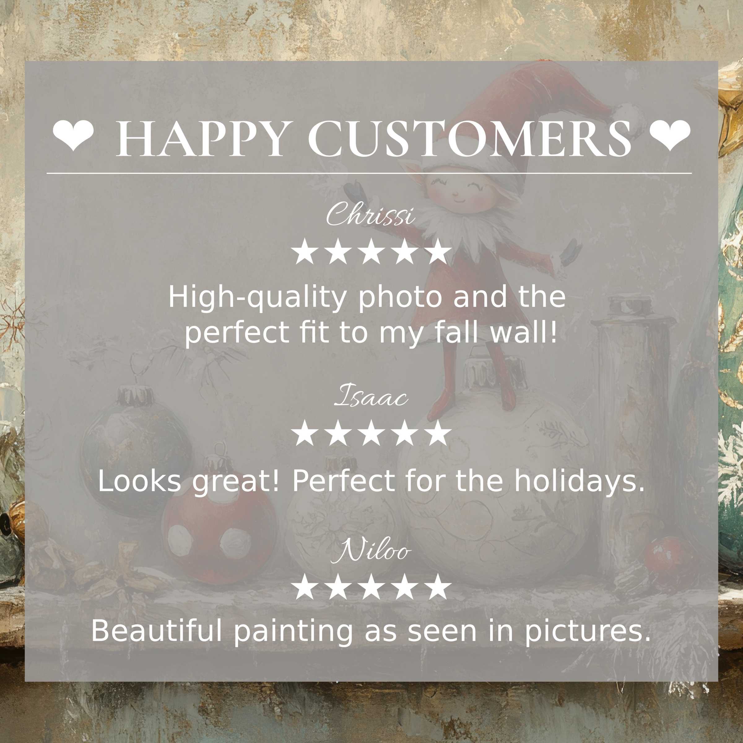 Elegant christmas art for Frame TV with soft holiday-themed background, showcasing happy customer reviews that build trust