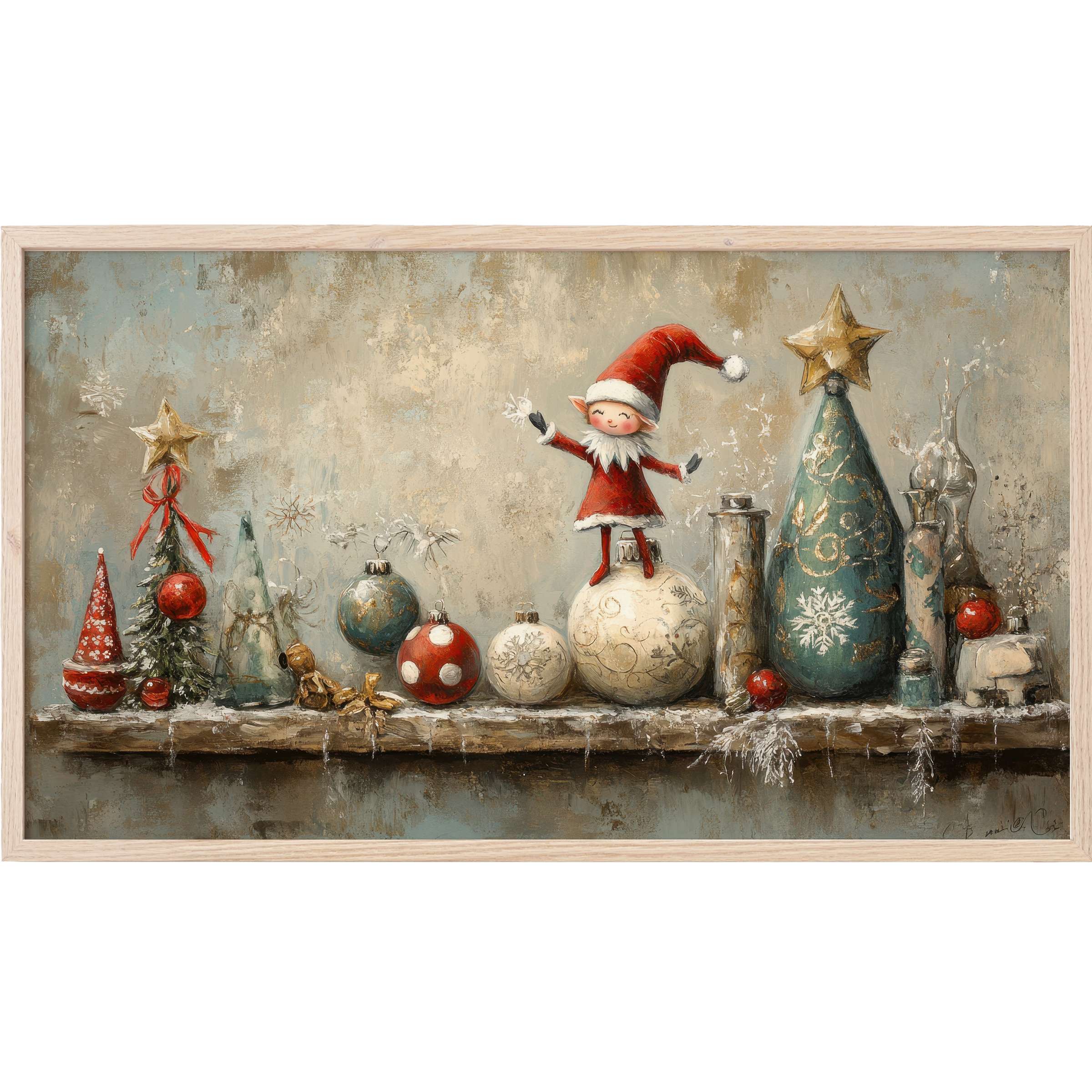Whimsical christmas Frame TV Art featuring a joyful elf and festive ornaments in muted reds, greens, and golds