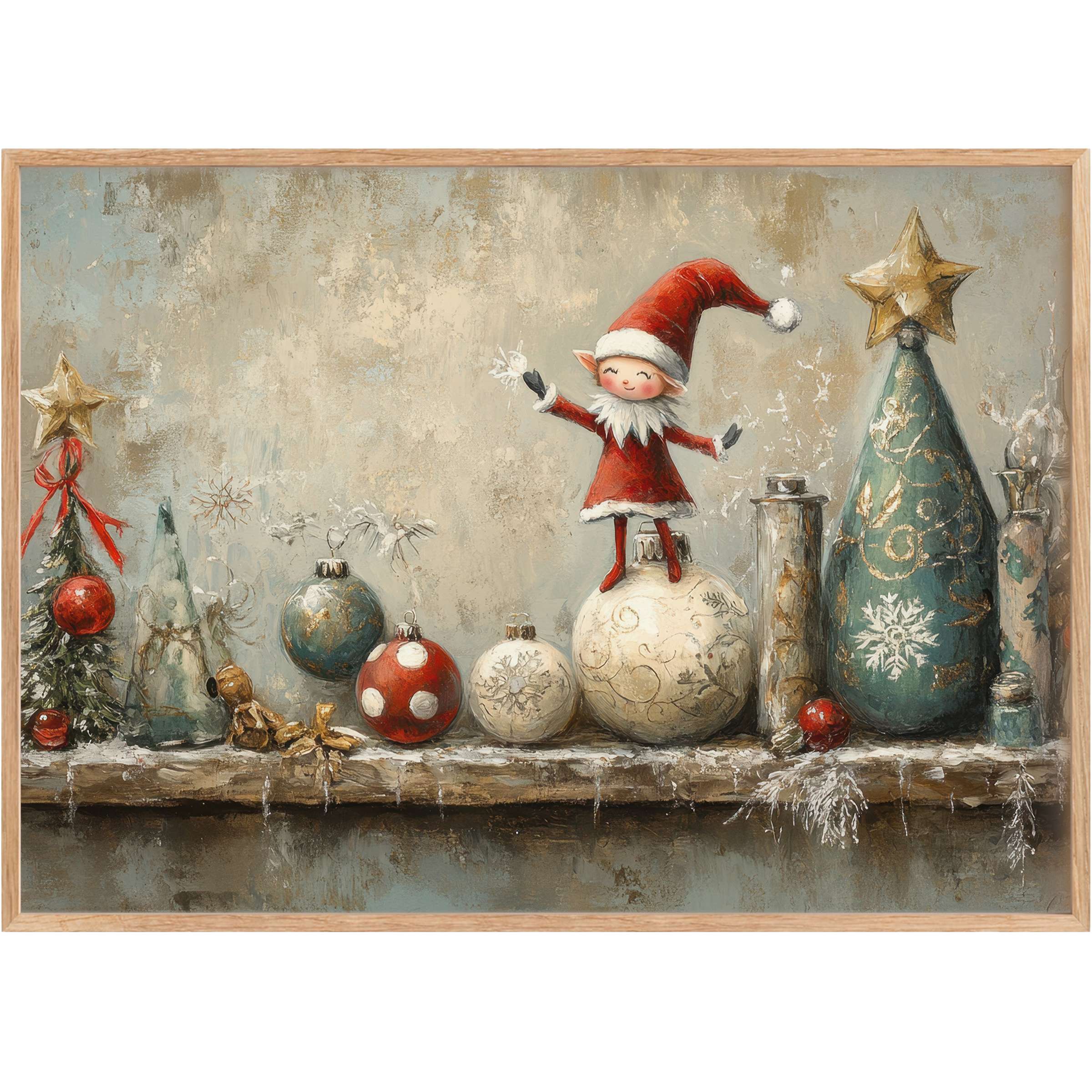 Whimsical Christmas printable wall art featuring a joyful elf amid elegant red, cream, and teal ornaments, evoking warm festive charm