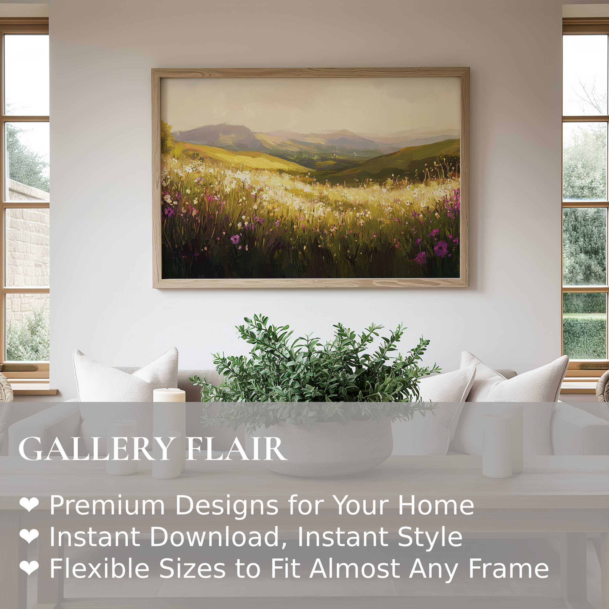 Landscape wall art print capturing a radiant meadow in soft earthy tones, enhancing serene, modern farmhouse interiors with natural elegance