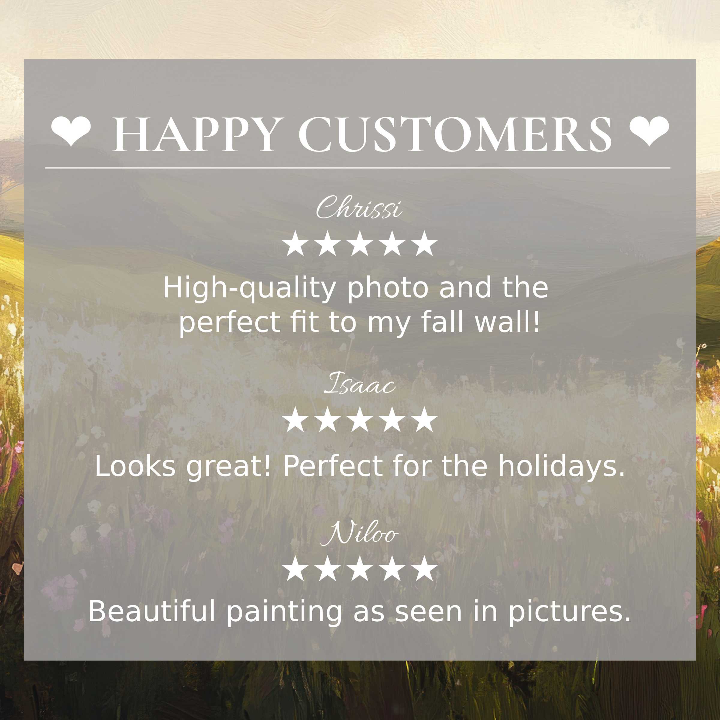 Landscape art for Frame TV with abstract sunset colors, showcasing happy customer reviews and elegant style