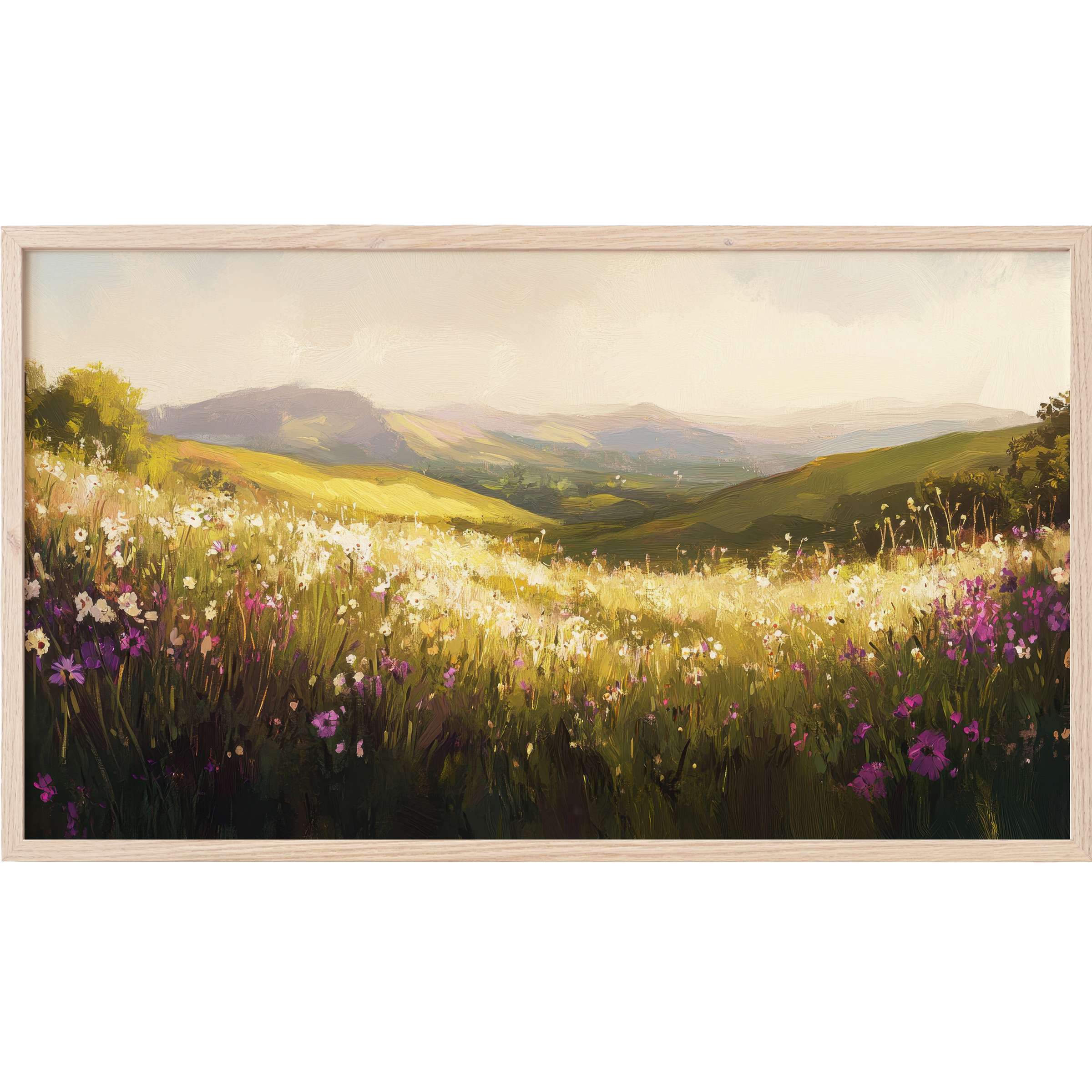Sunlit meadow with wildflowers and rolling hills in soft, warm hues, perfect landscape Frame TV Art
