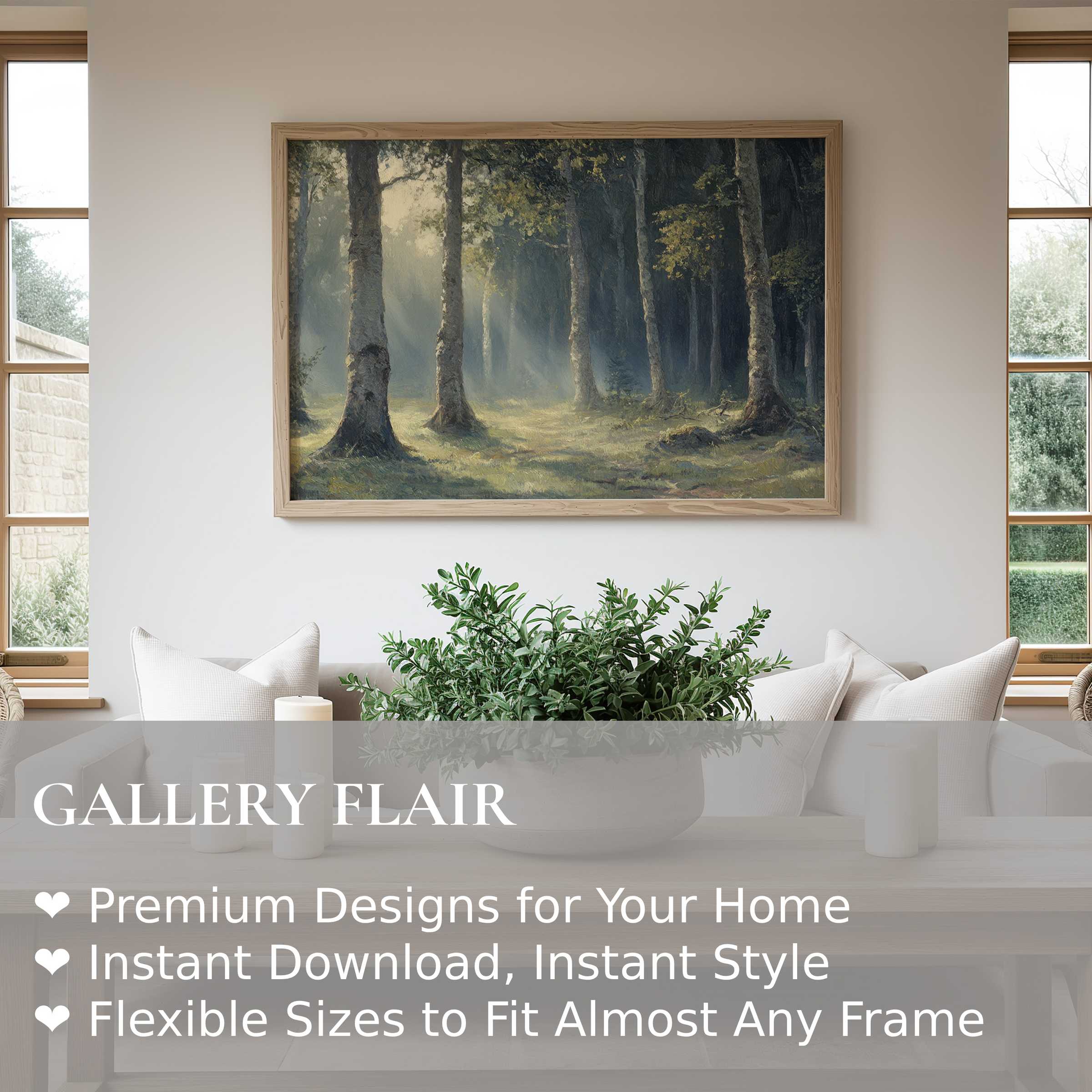 Vintage wall art print capturing a serene forest bathed in soft morning light, enriching minimalist, modern living spaces with tranquil, nature-inspired elegance